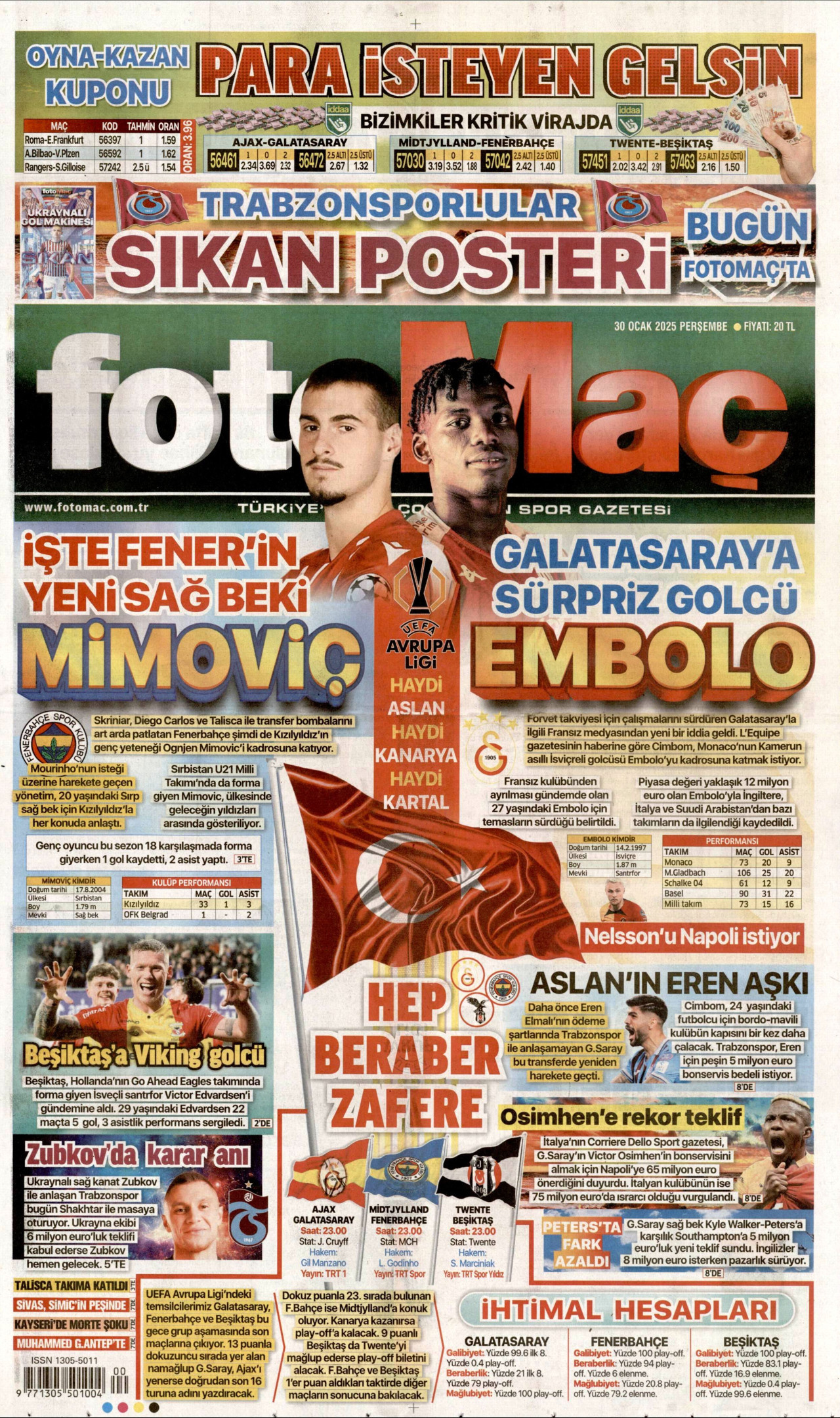 FOTOMAÇ gazetesinin 30 Ocak 2025 tarihli birinci sayfası