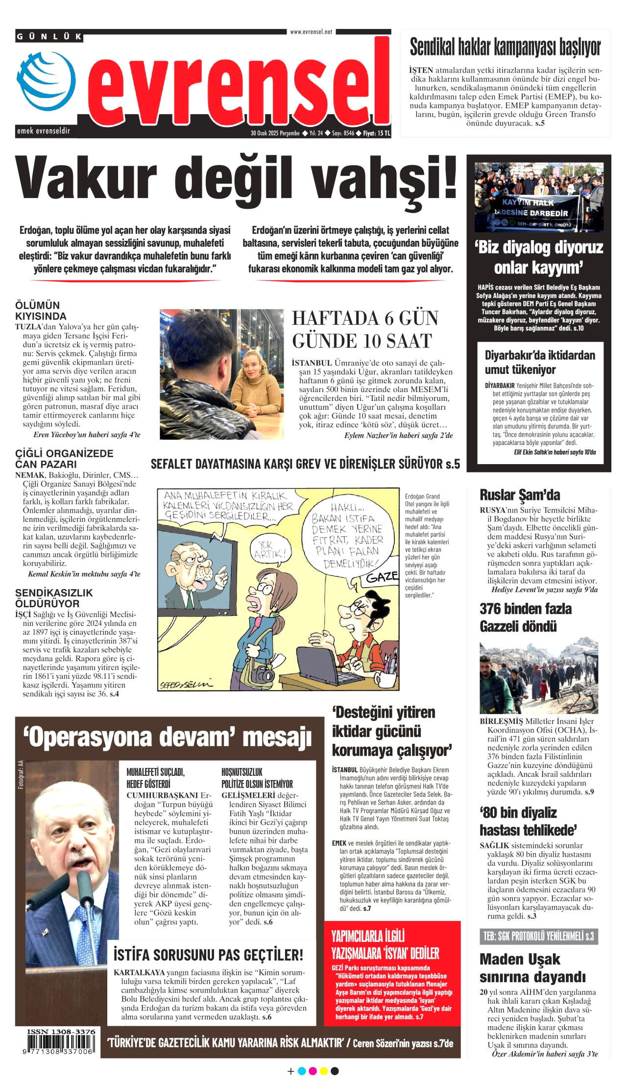 EVRENSEL gazetesinin 30 Ocak 2025 tarihli birinci sayfası
