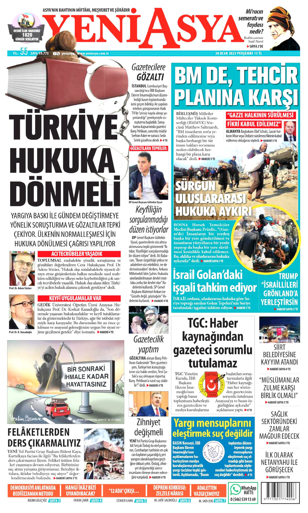 YENİ ASYA gazetesinin 30 Ocak 2025 tarihli birinci sayfası