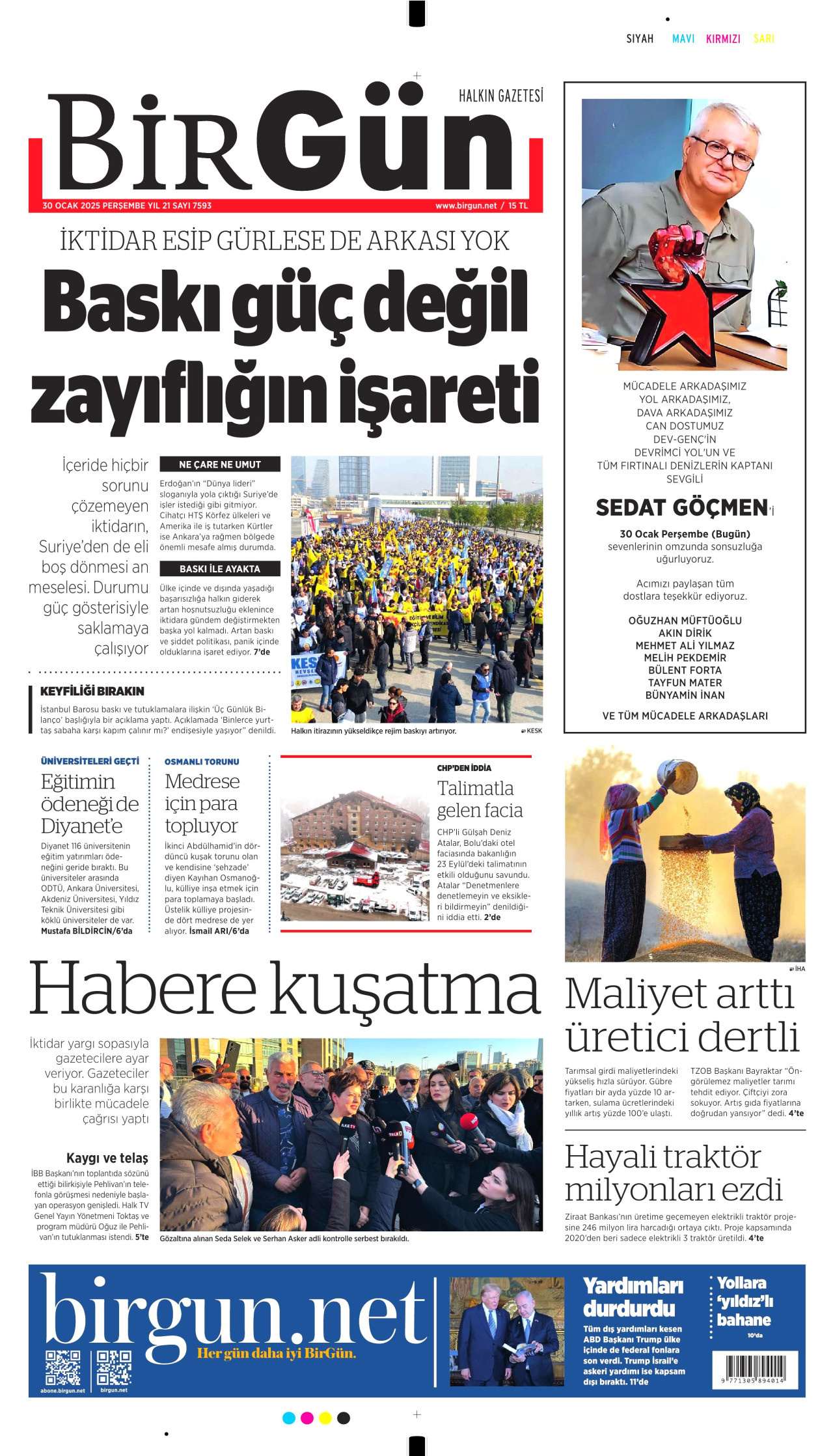 BİRGÜN gazetesinin 30 Ocak 2025 tarihli birinci sayfası