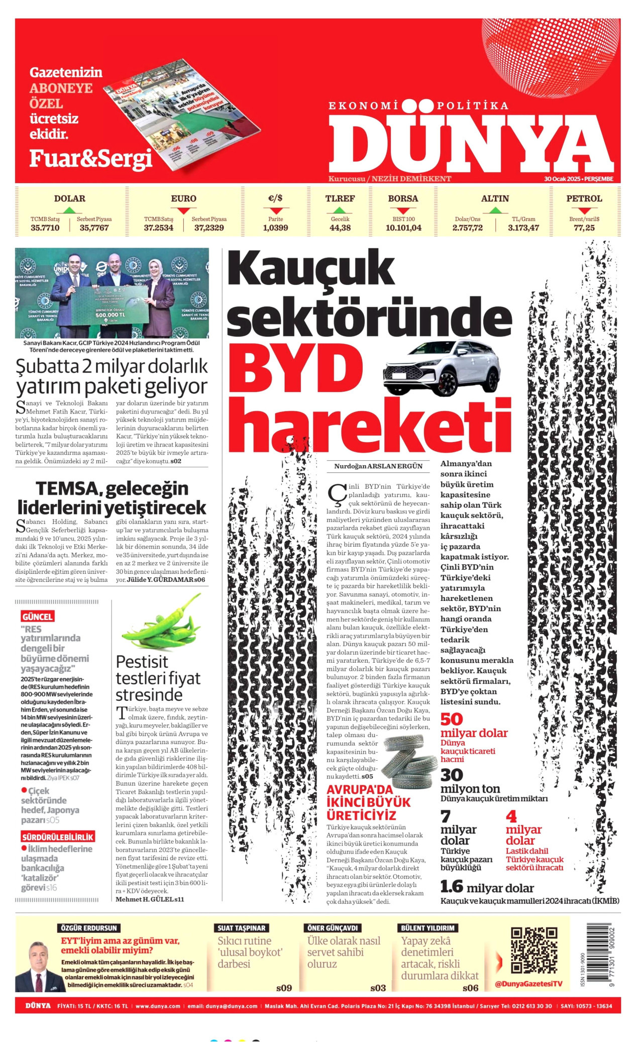 DÜNYA gazetesinin 30 Ocak 2025 tarihli birinci sayfası