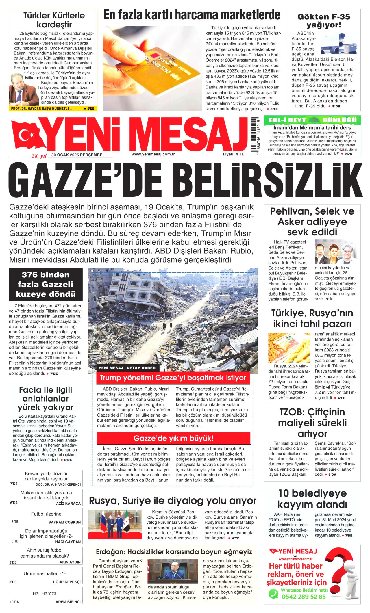 YENİ MESAJ gazetesinin 30 Ocak 2025 tarihli birinci sayfası
