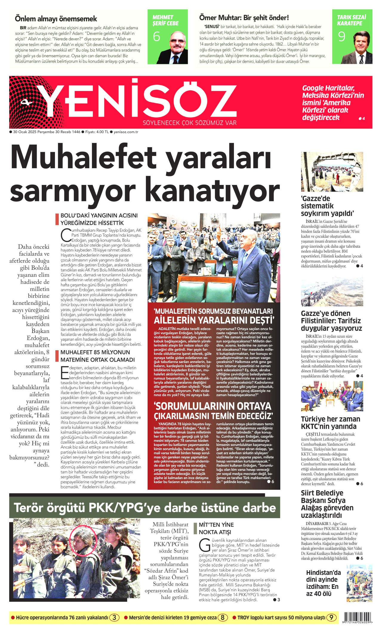 YENİ SÖZ GAZETESİ gazetesinin 30 Ocak 2025 tarihli birinci sayfası