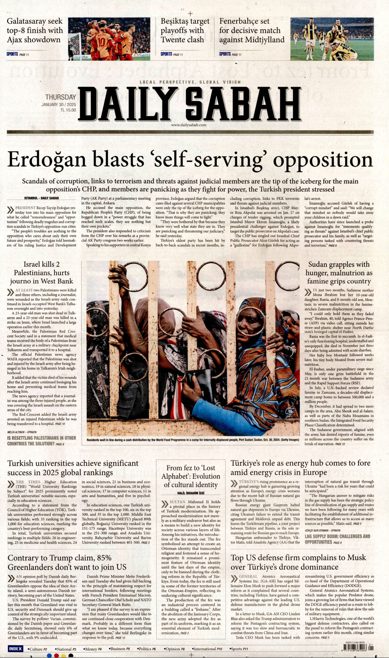 DAİLY SABAH gazetesinin 30 Ocak 2025 tarihli birinci sayfası