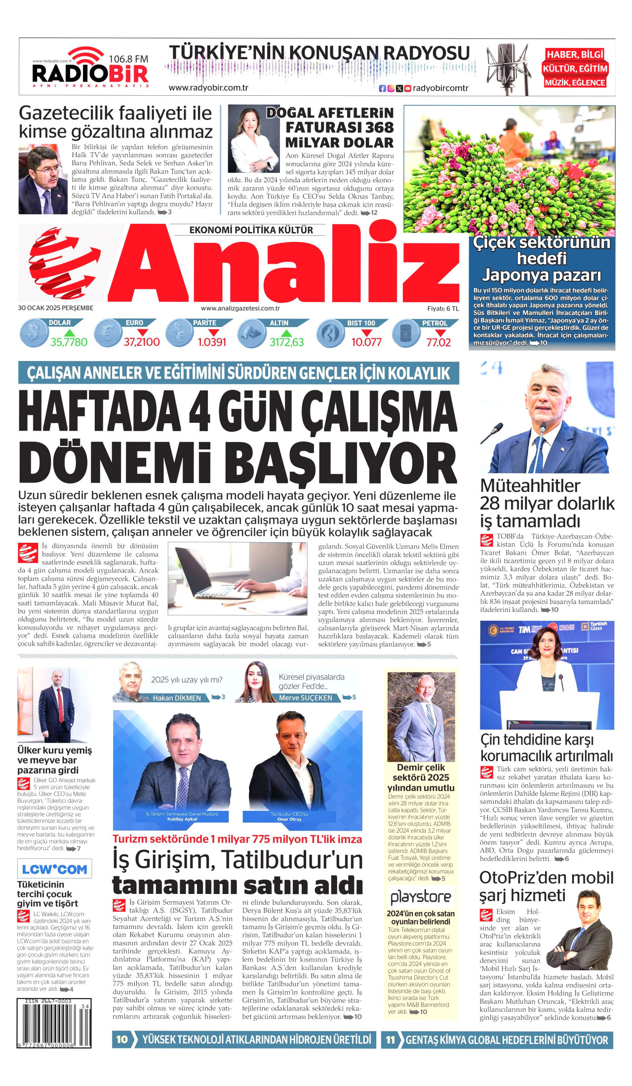 ANALİZ gazetesinin 30 Ocak 2025 tarihli birinci sayfası