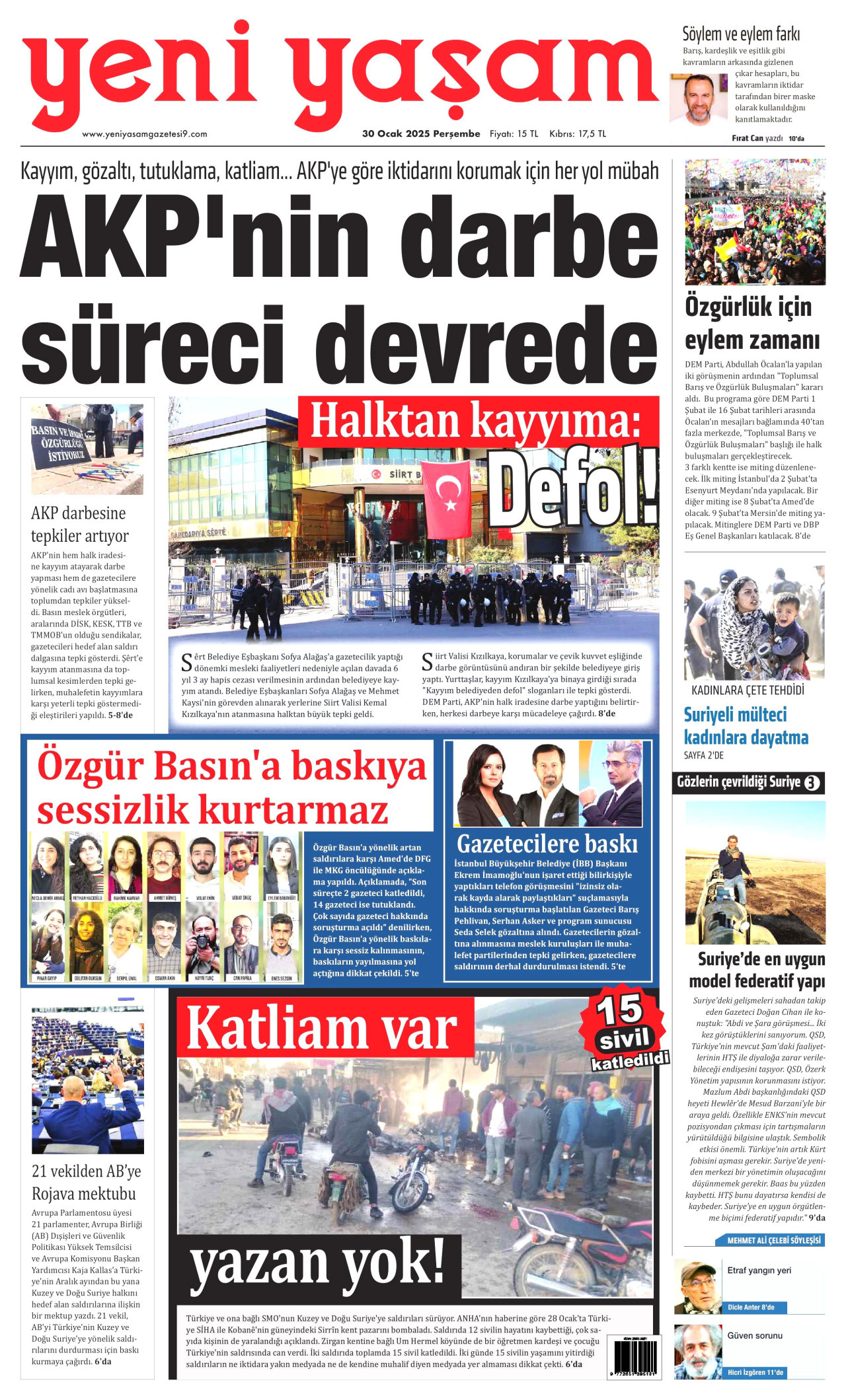 YENİ YAŞAM gazetesinin 30 Ocak 2025 tarihli birinci sayfası