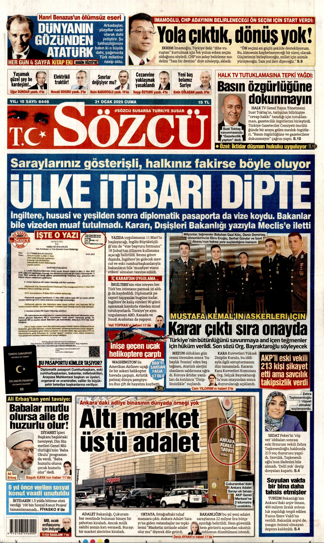 SÖZCÜ gazetesinin 31 Ocak 2025 tarihli birinci sayfası