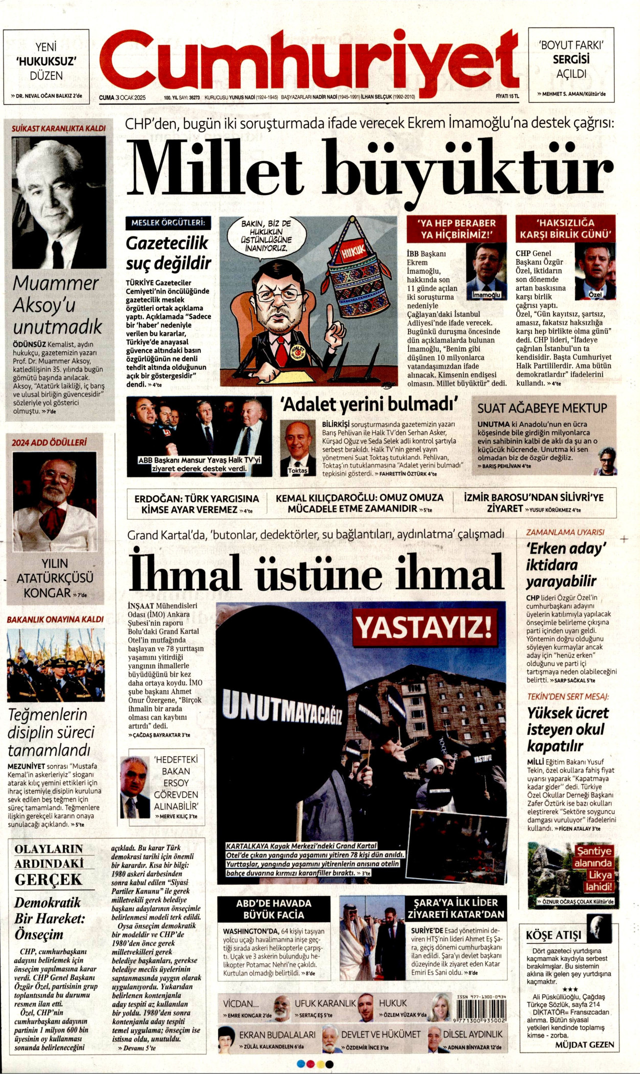 CUMHURİYET gazetesinin 31 Ocak 2025 tarihli birinci sayfası