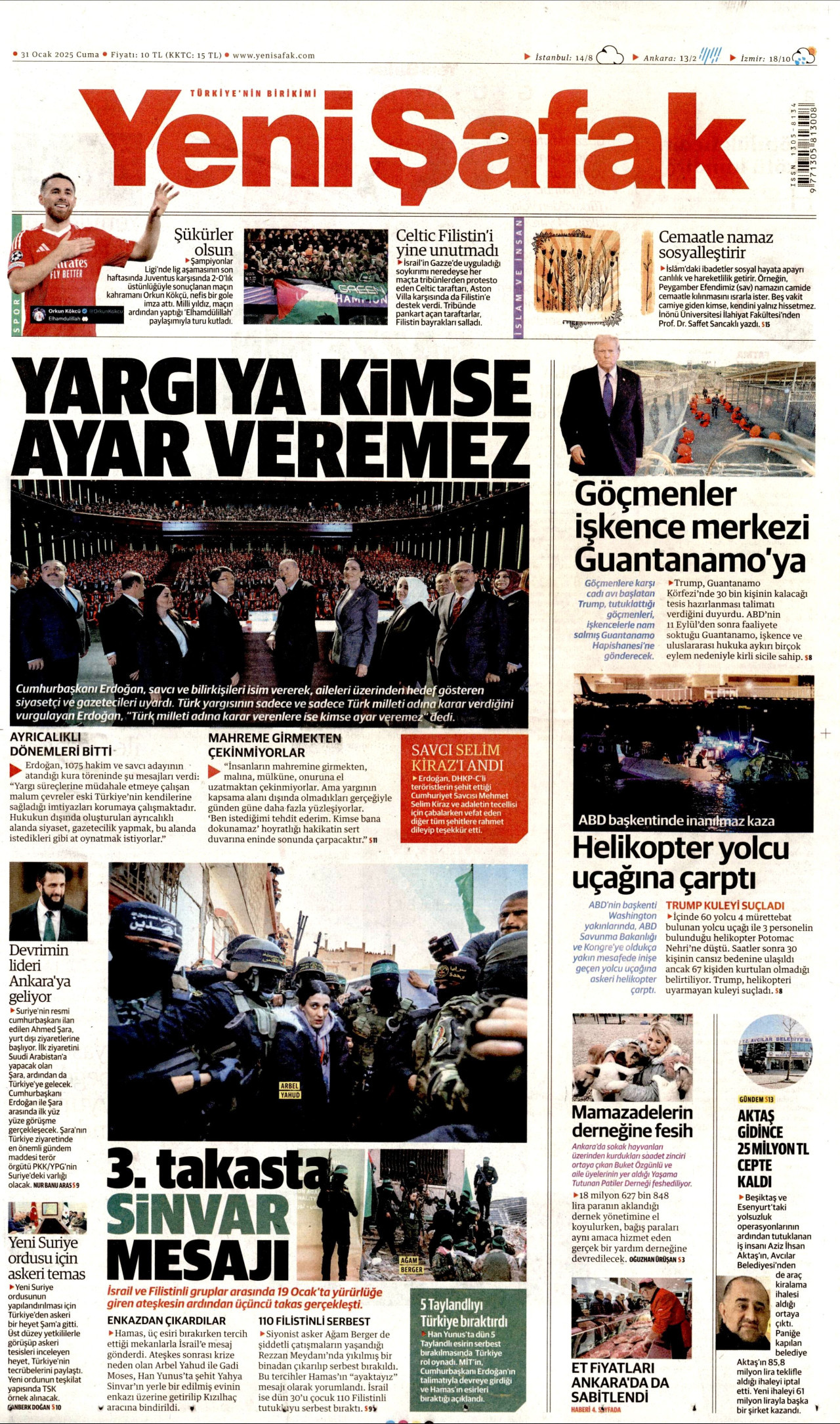 YENİ ŞAFAK gazetesinin 31 Ocak 2025 tarihli birinci sayfası