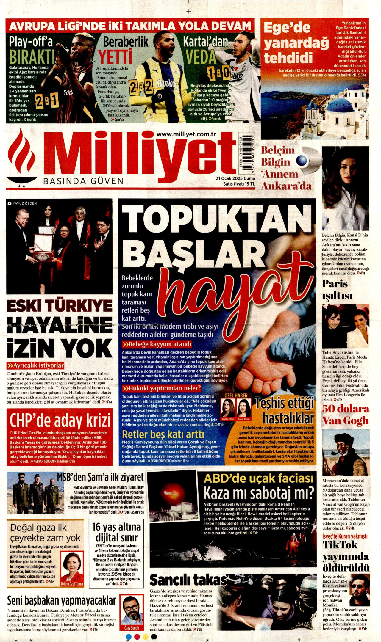 MİLLİYET gazetesinin 31 Ocak 2025 tarihli birinci sayfası