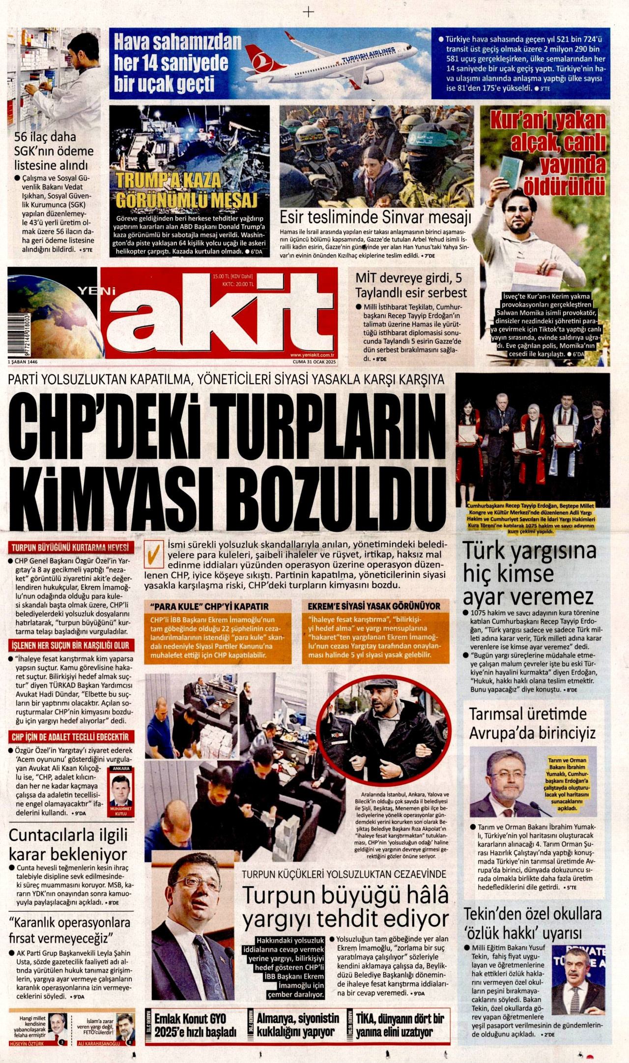 YENİ AKİT gazetesinin 31 Ocak 2025 tarihli birinci sayfası