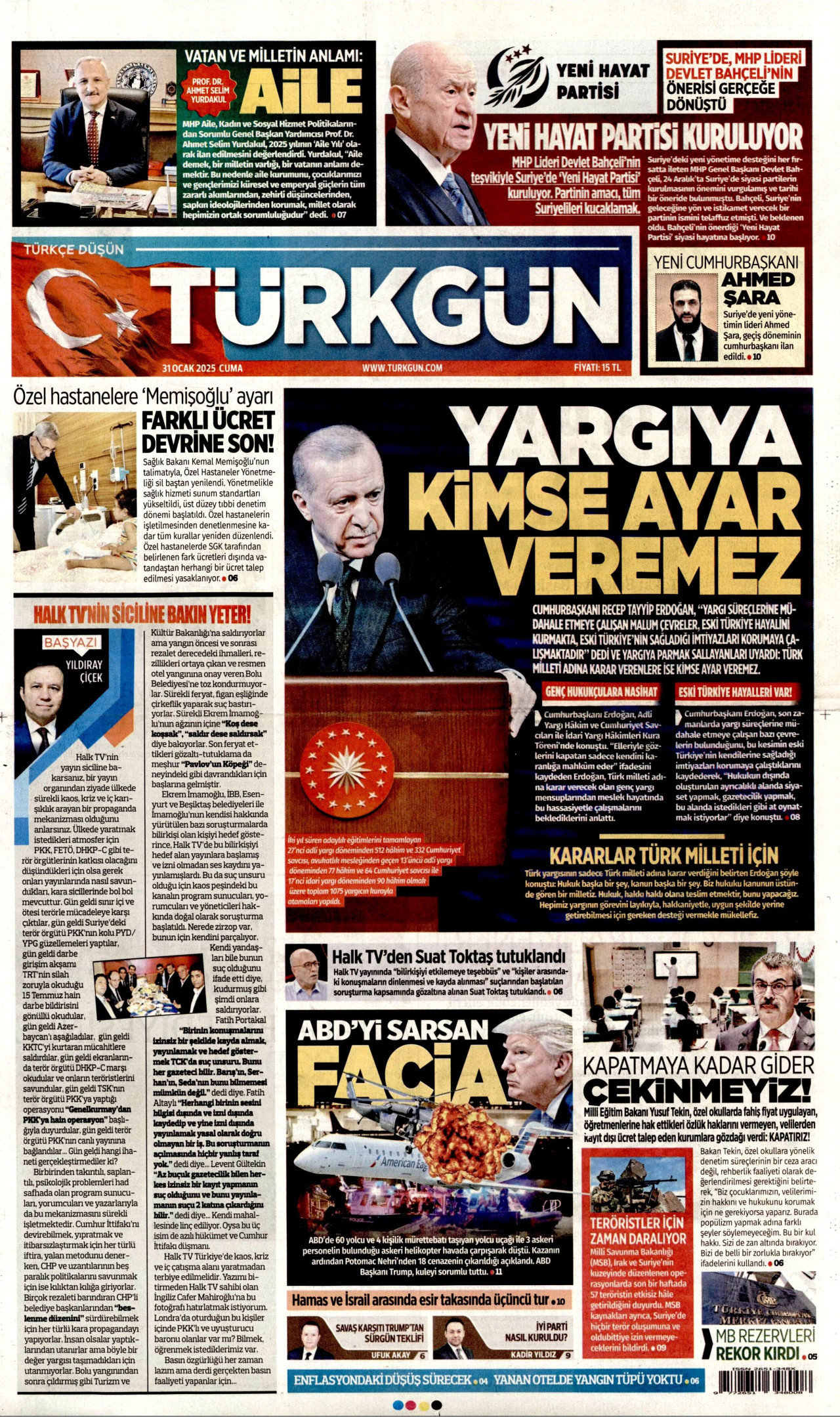 TÜRKGÜN gazetesinin 31 Ocak 2025 tarihli birinci sayfası