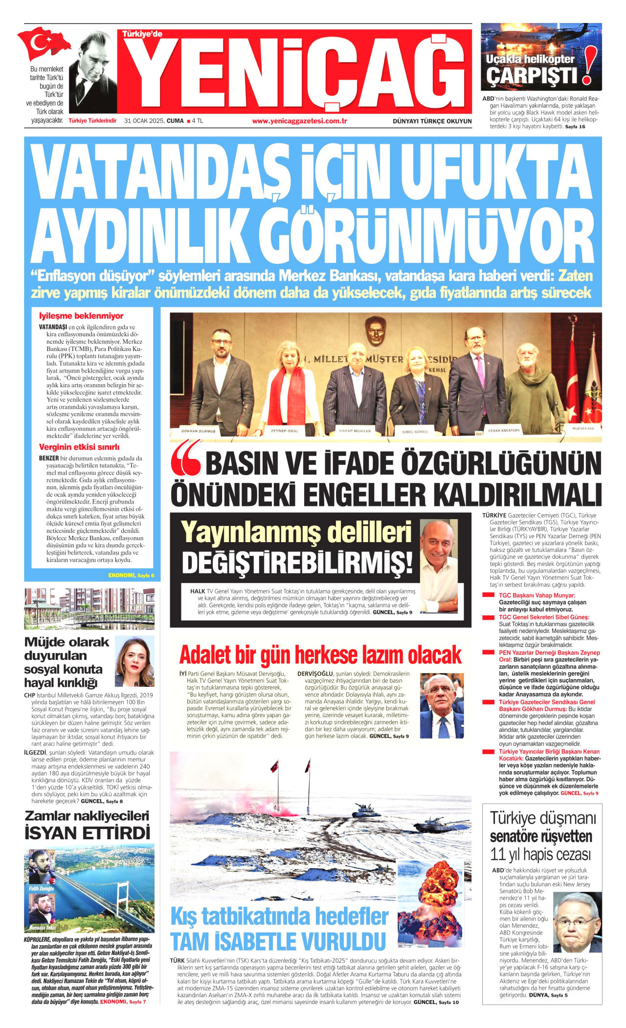 YENİÇAĞ gazetesinin 31 Ocak 2025 tarihli birinci sayfası