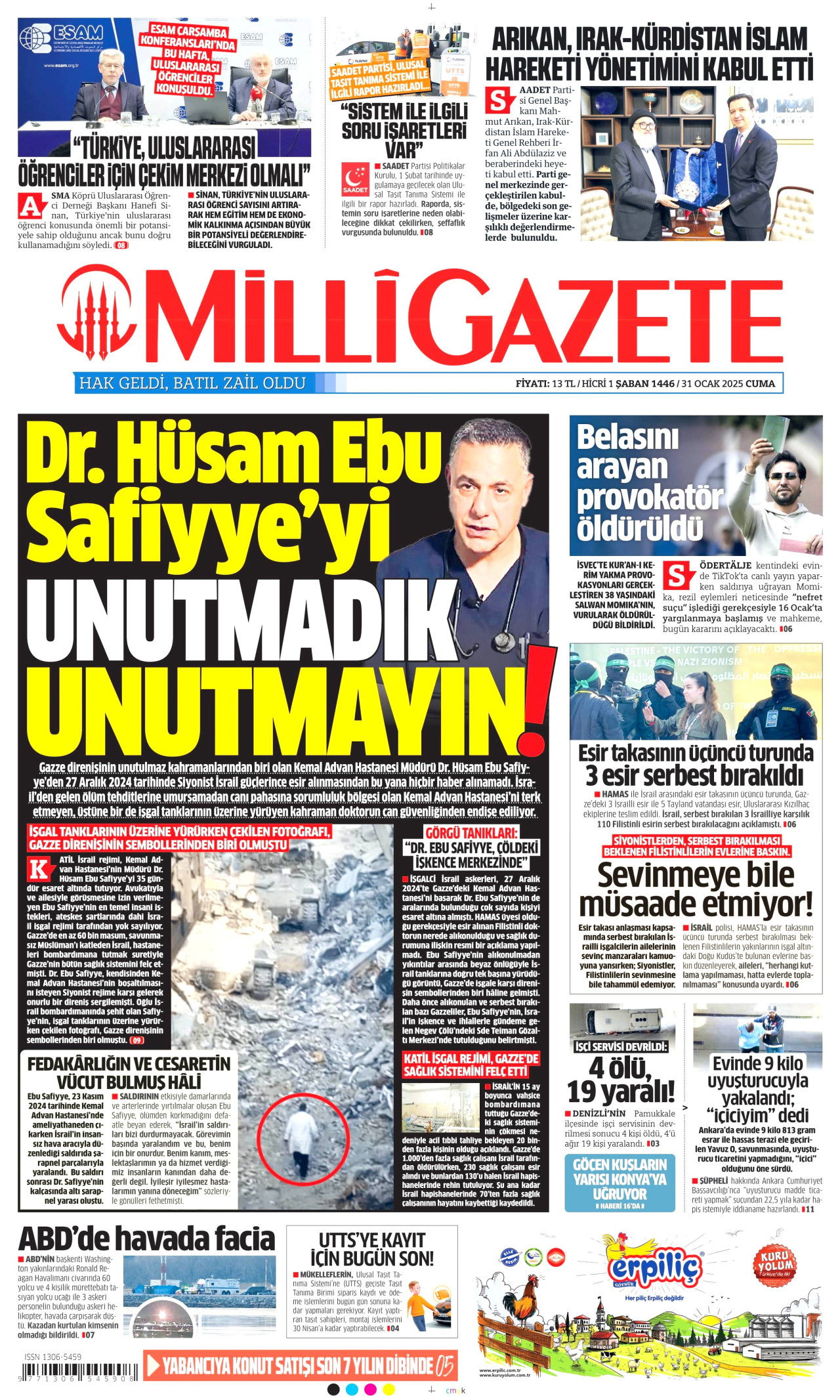 MİLLİ GAZETE gazetesinin 31 Ocak 2025 tarihli birinci sayfası