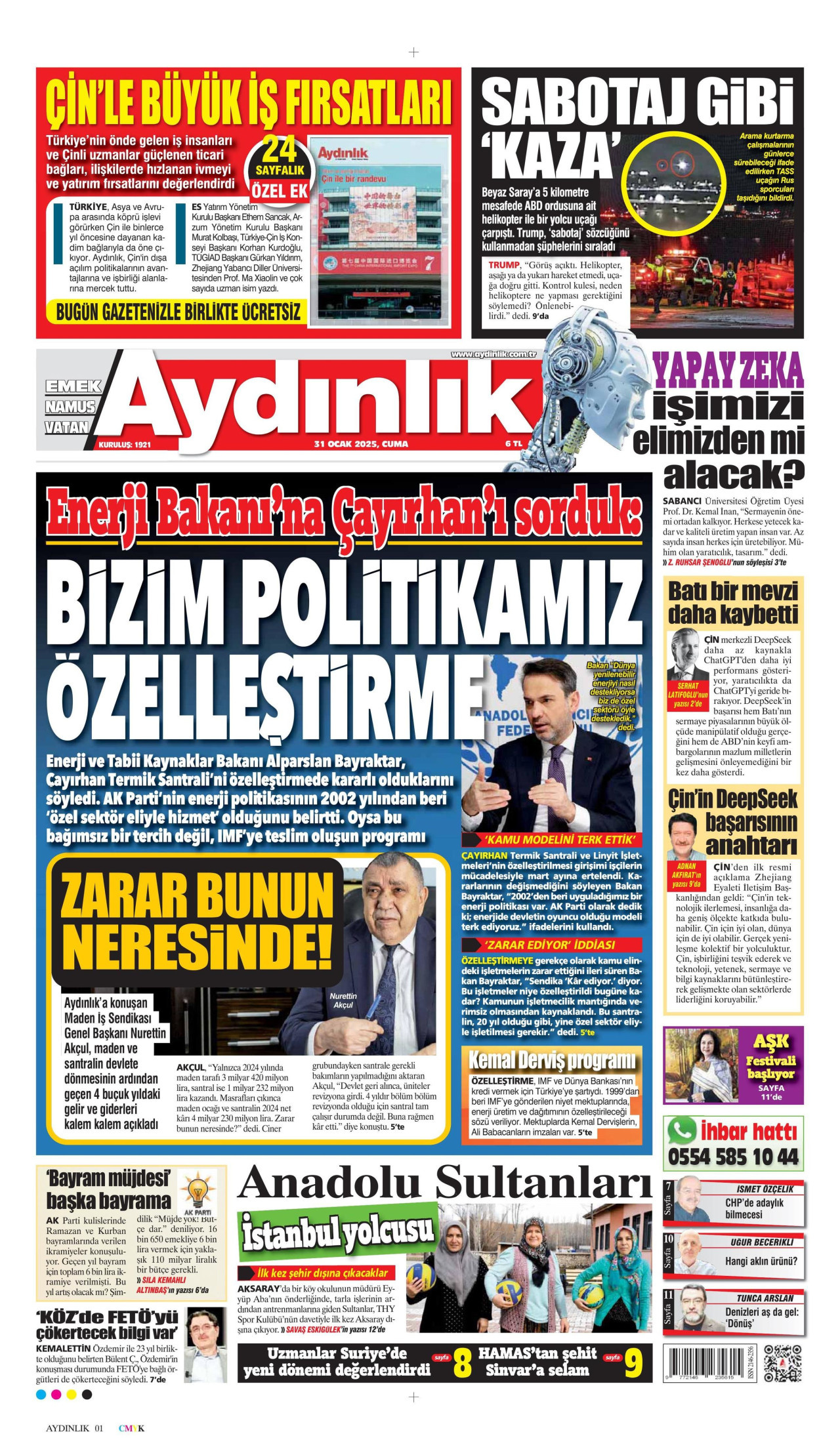 AYDINLIK GAZETESİ gazetesinin 31 Ocak 2025 tarihli birinci sayfası