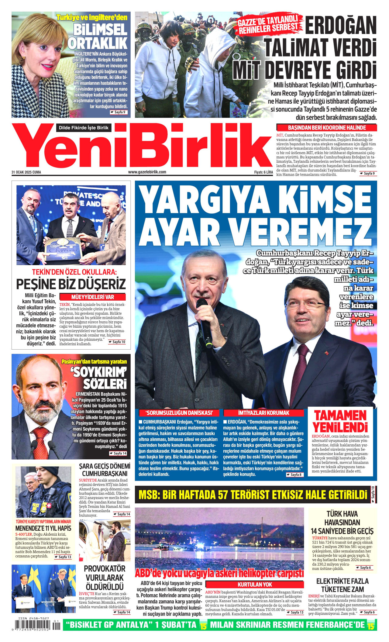 YENİBİRLİK gazetesinin 31 Ocak 2025 tarihli birinci sayfası