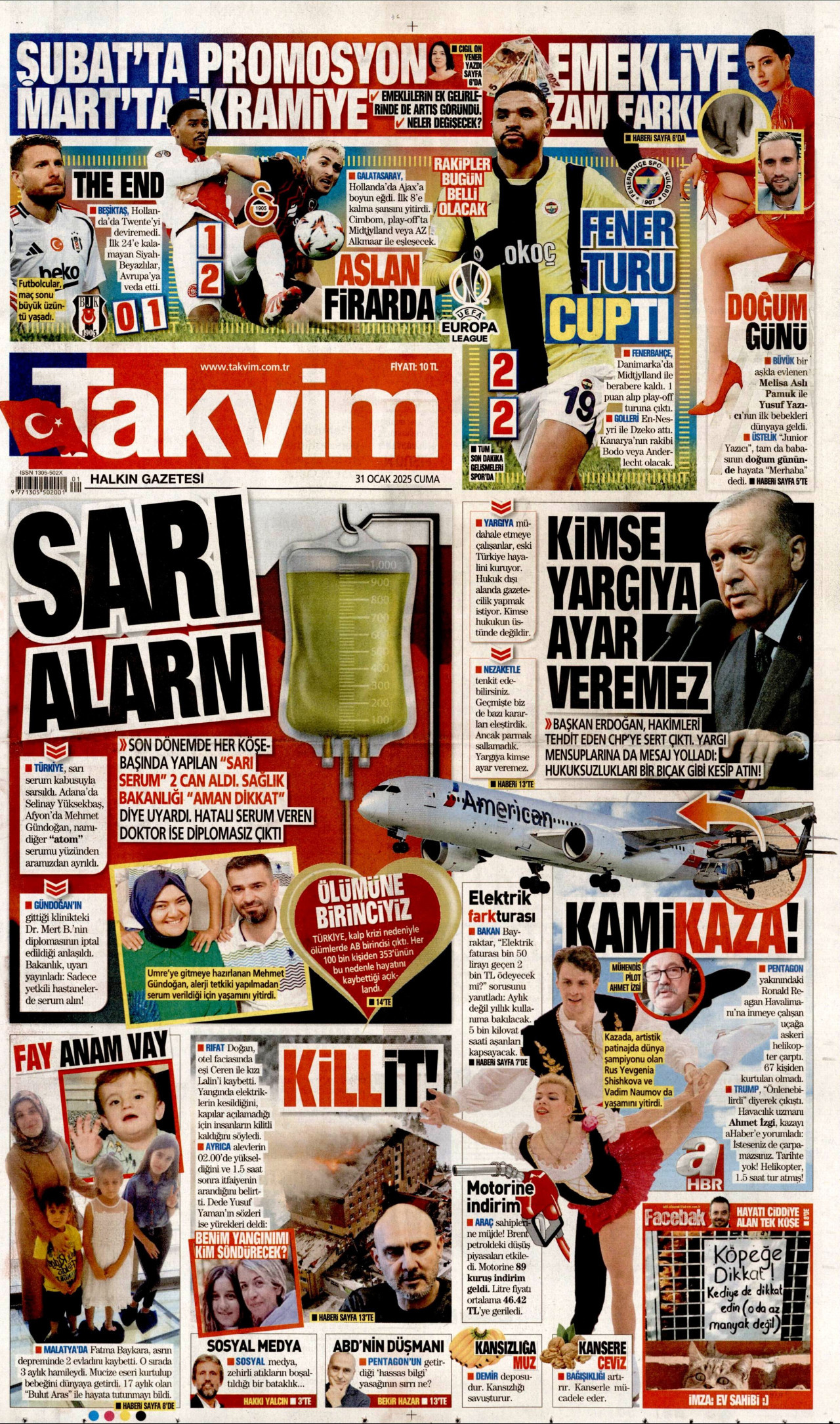 TAKVİM gazetesinin 31 Ocak 2025 tarihli birinci sayfası