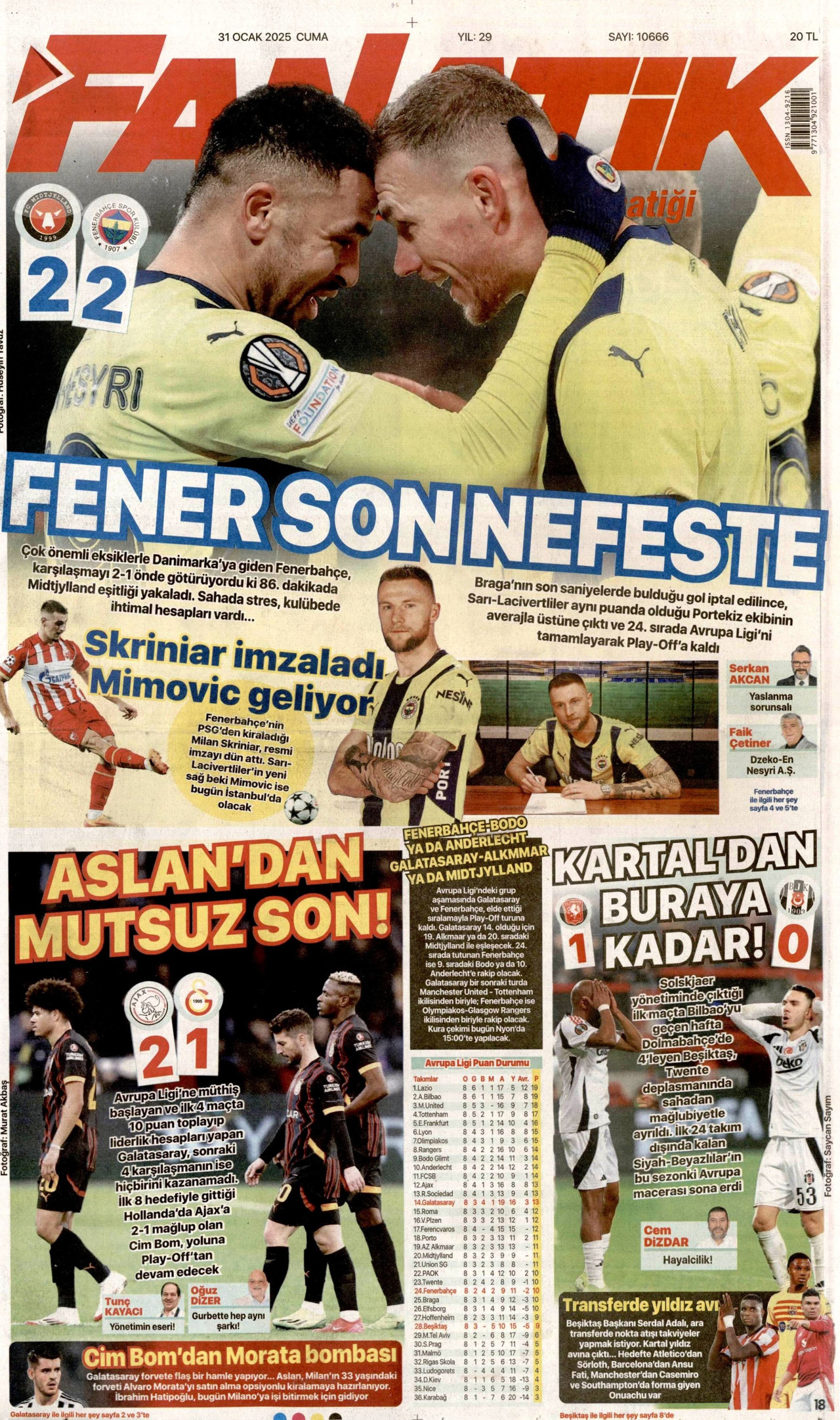 FANATİK gazetesinin 31 Ocak 2025 tarihli birinci sayfası