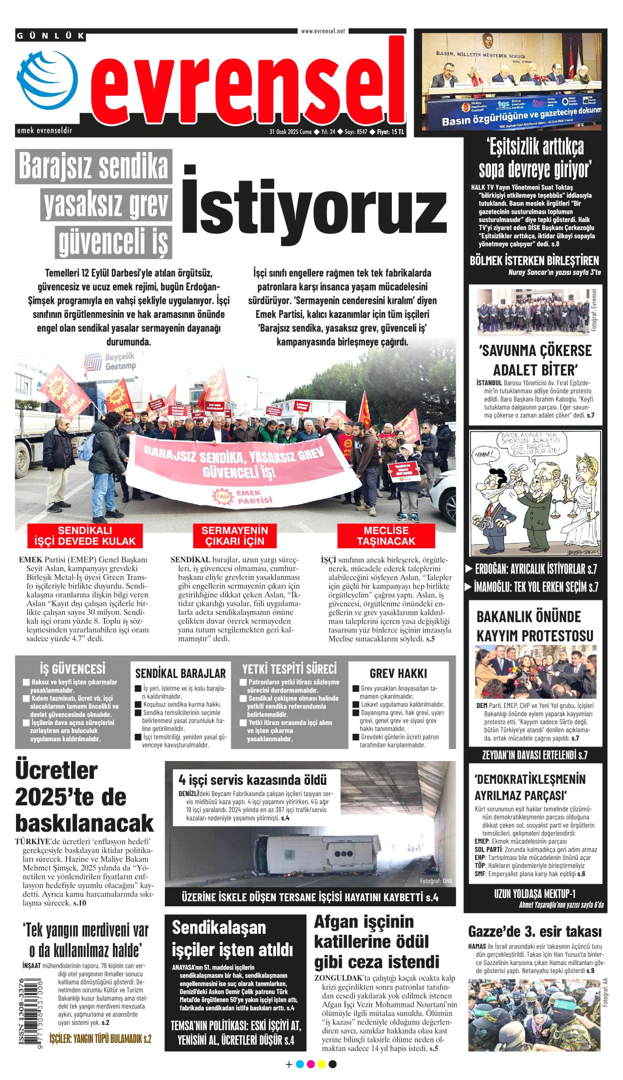 EVRENSEL gazetesinin 31 Ocak 2025 tarihli birinci sayfası