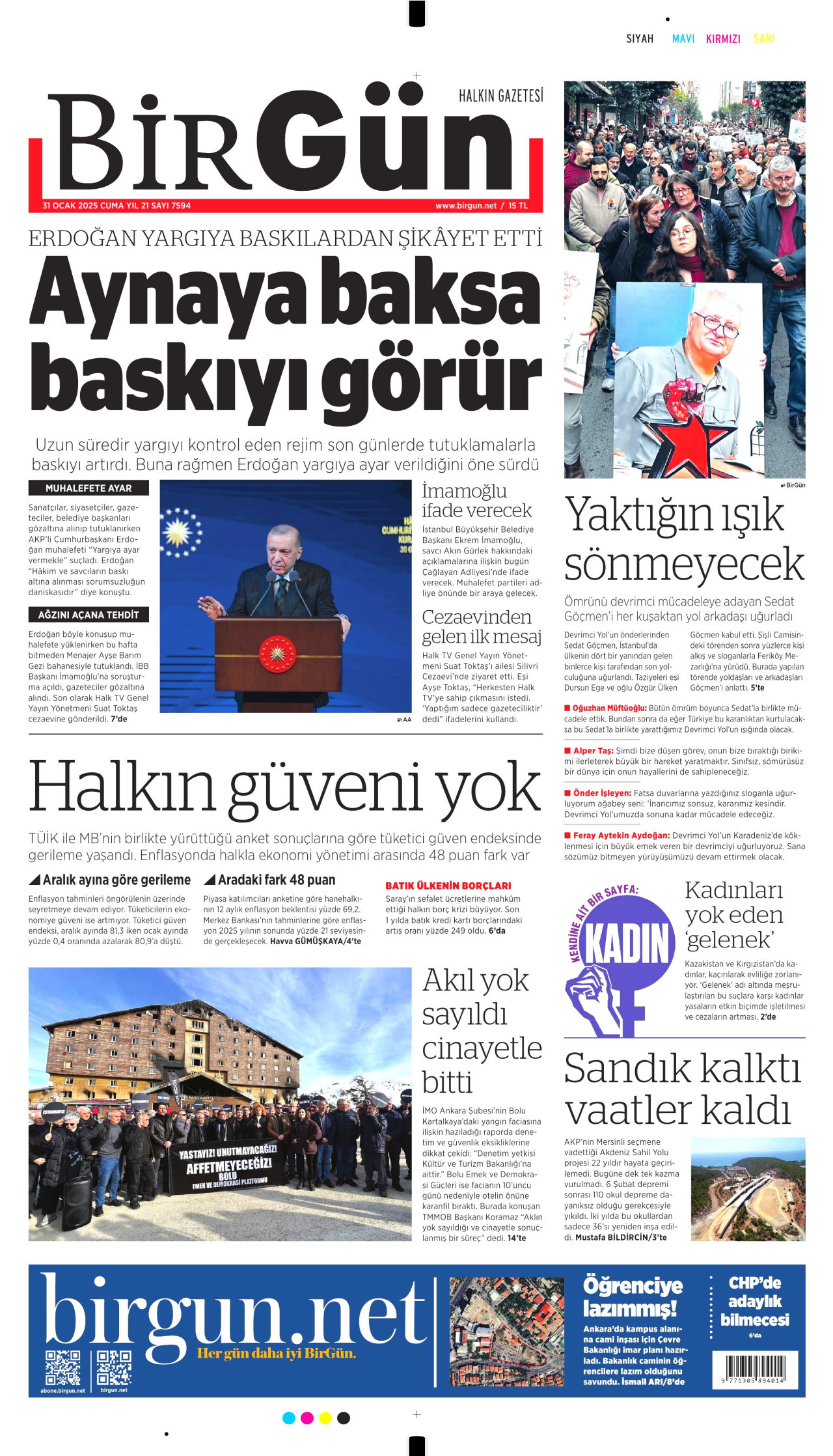 BİRGÜN gazetesinin 31 Ocak 2025 tarihli birinci sayfası