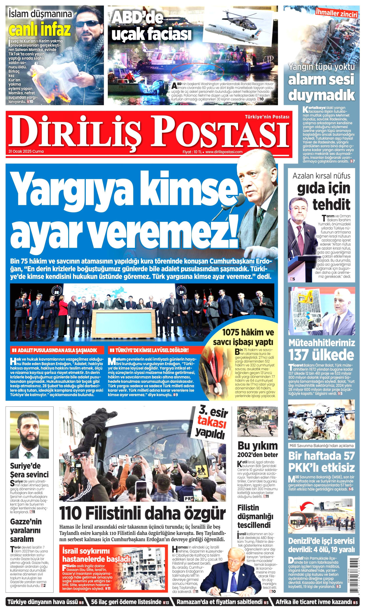 DİRİLİŞ POSTASI gazetesinin 31 Ocak 2025 tarihli birinci sayfası