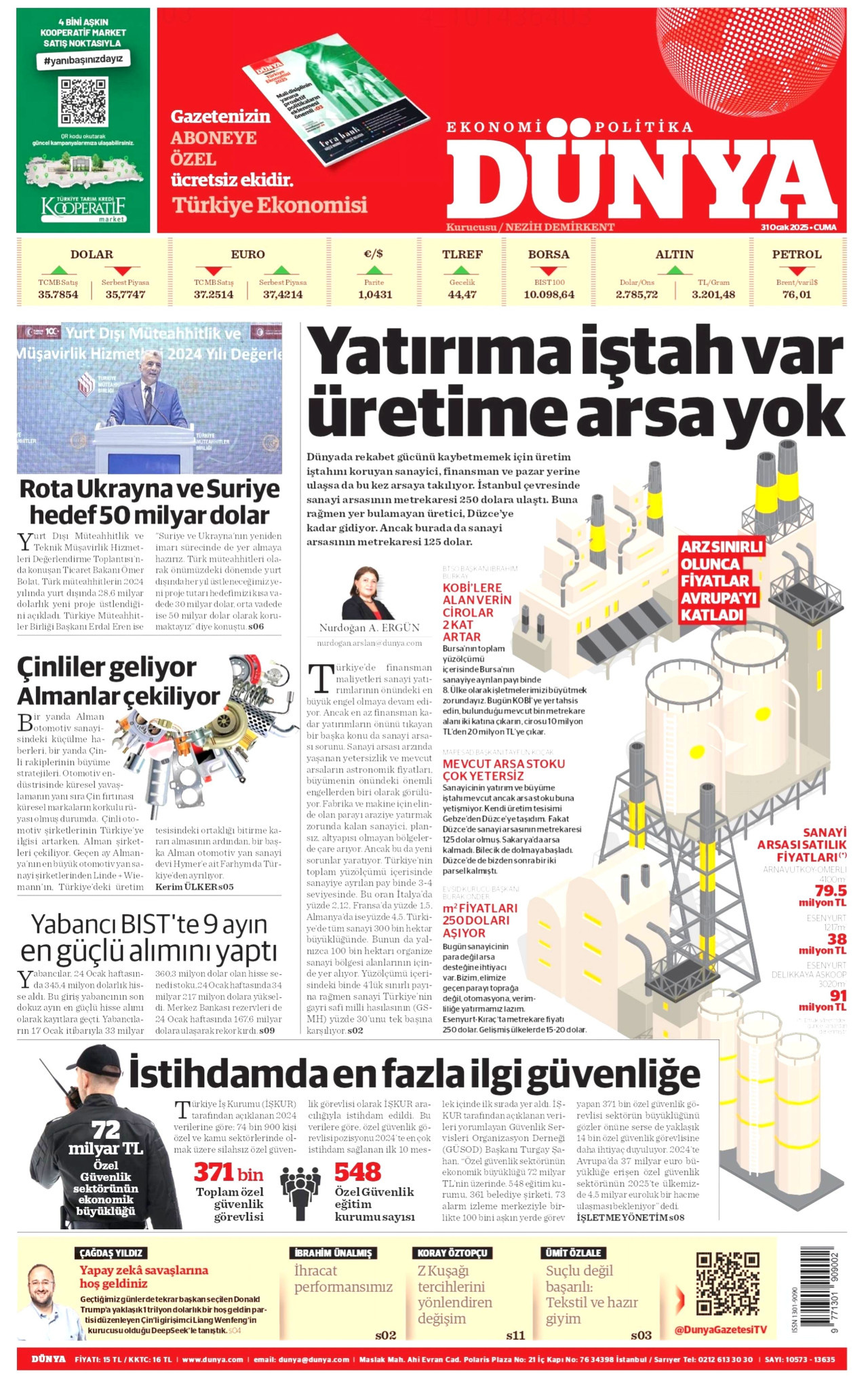 DÜNYA gazetesinin 31 Ocak 2025 tarihli birinci sayfası