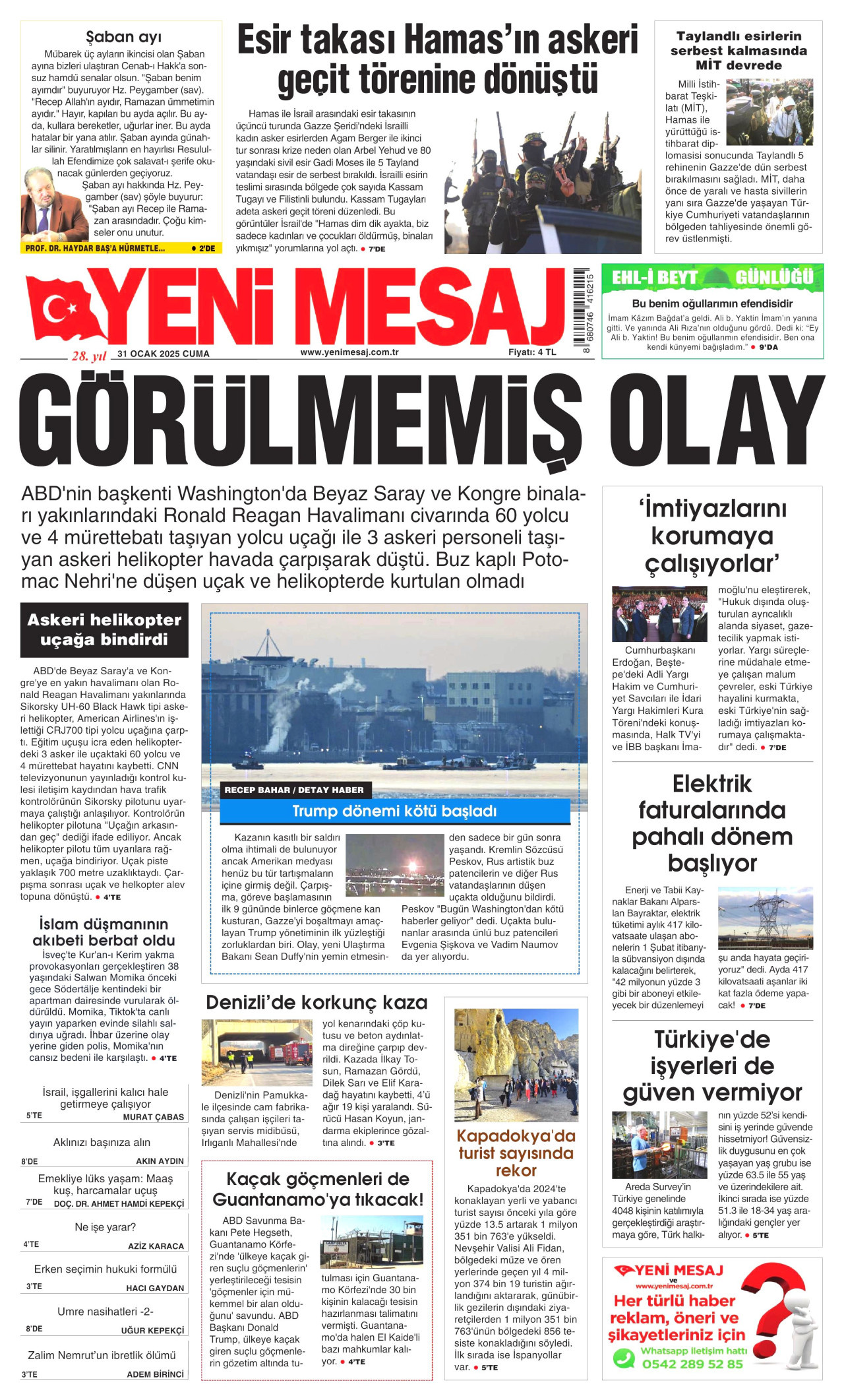 YENİ MESAJ gazetesinin 31 Ocak 2025 tarihli birinci sayfası