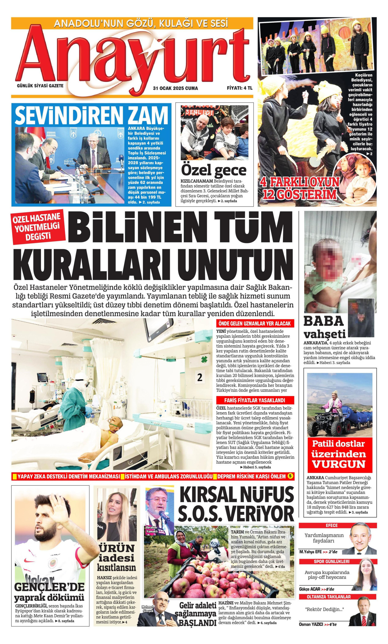 ANAYURT gazetesinin 31 Ocak 2025 tarihli birinci sayfası