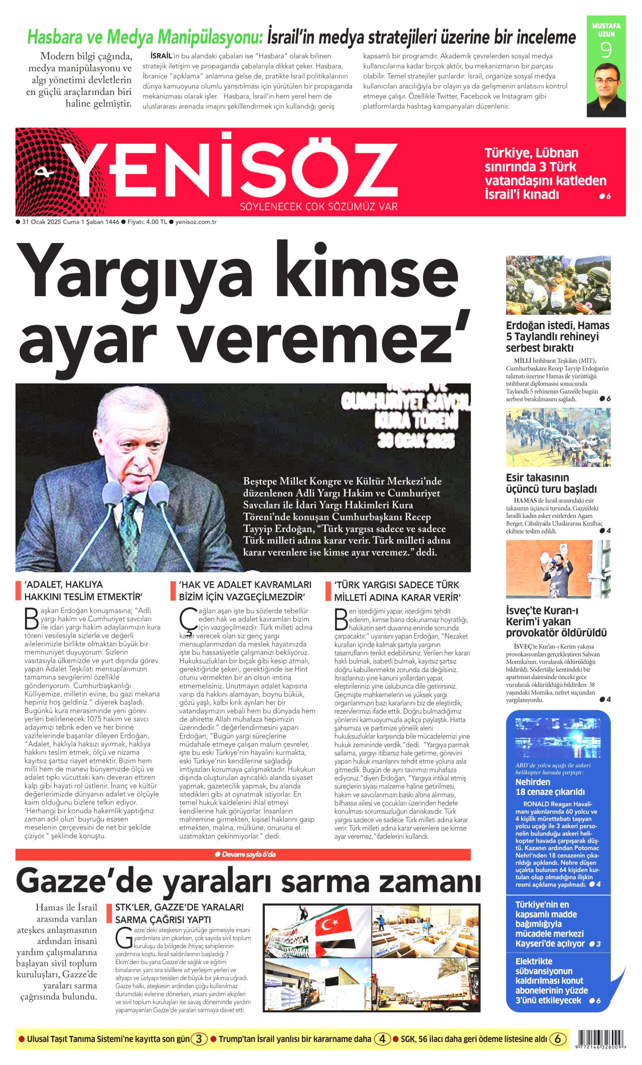 YENİ SÖZ GAZETESİ gazetesinin 31 Ocak 2025 tarihli birinci sayfası