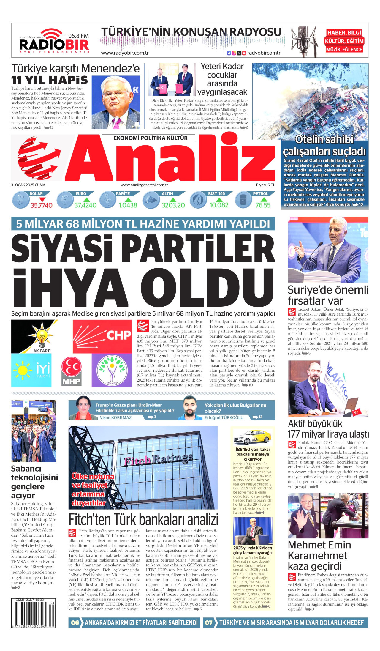 ANALİZ gazetesinin 31 Ocak 2025 tarihli birinci sayfası