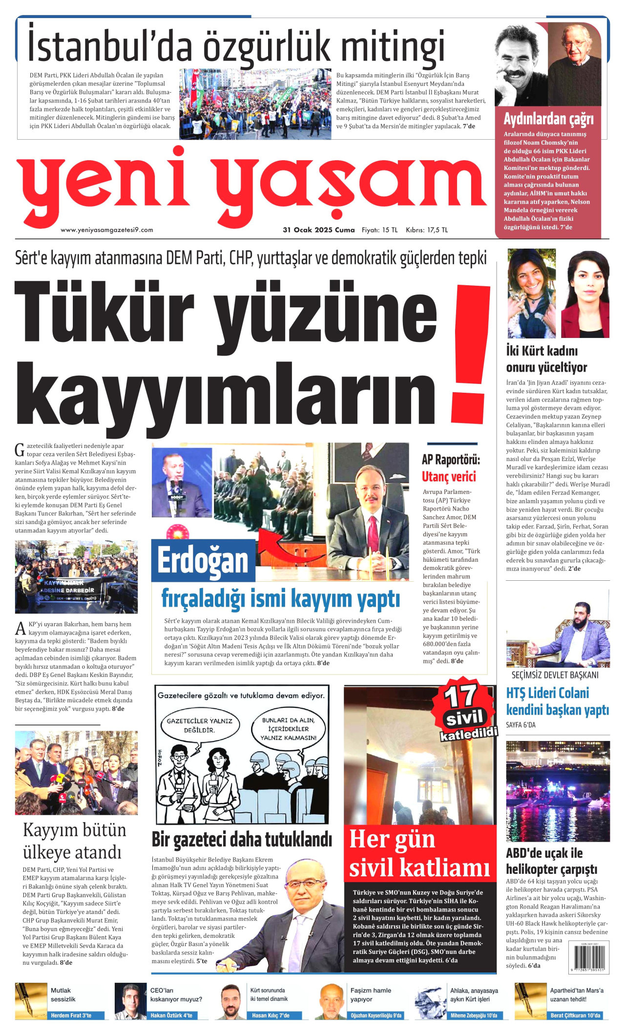 YENİ YAŞAM gazetesinin 31 Ocak 2025 tarihli birinci sayfası