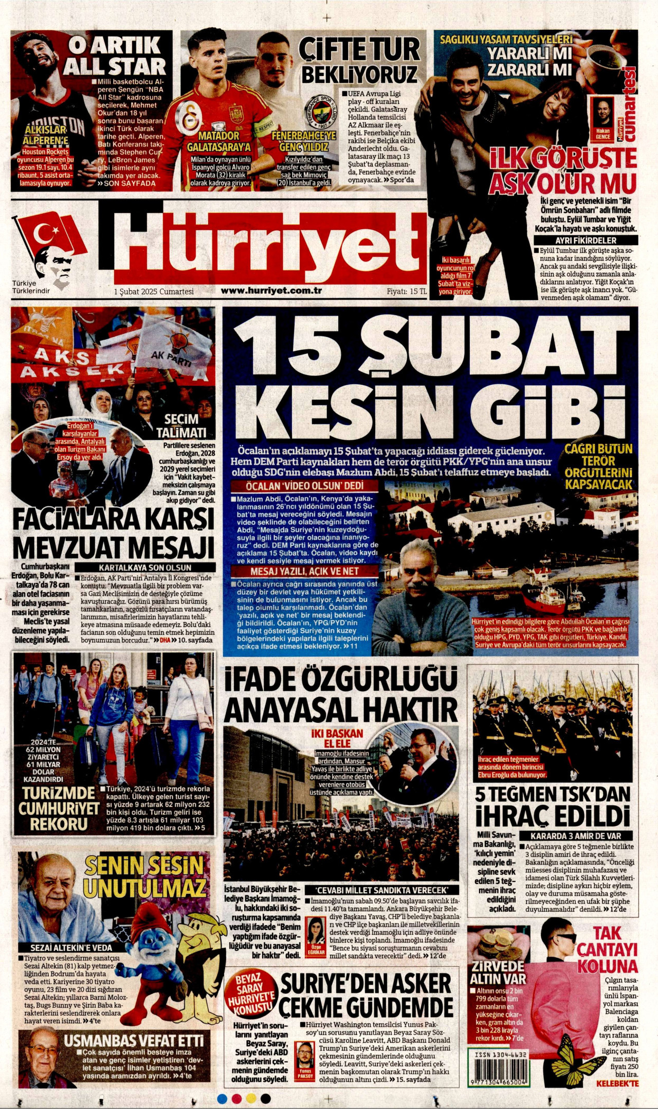 HÜRRİYET gazetesinin 1 Şubat 2025 tarihli birinci sayfası