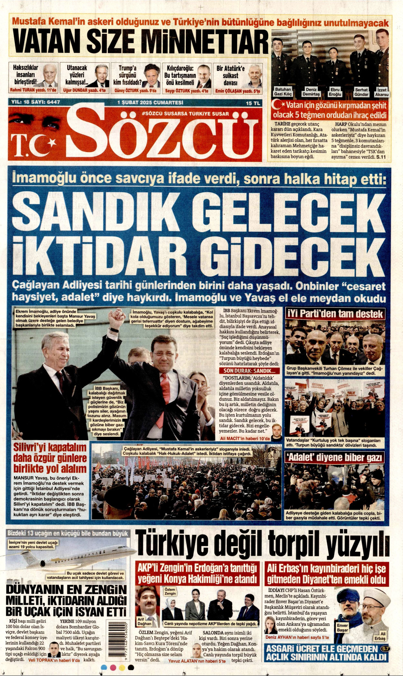 SÖZCÜ gazetesinin 1 Şubat 2025 tarihli birinci sayfası