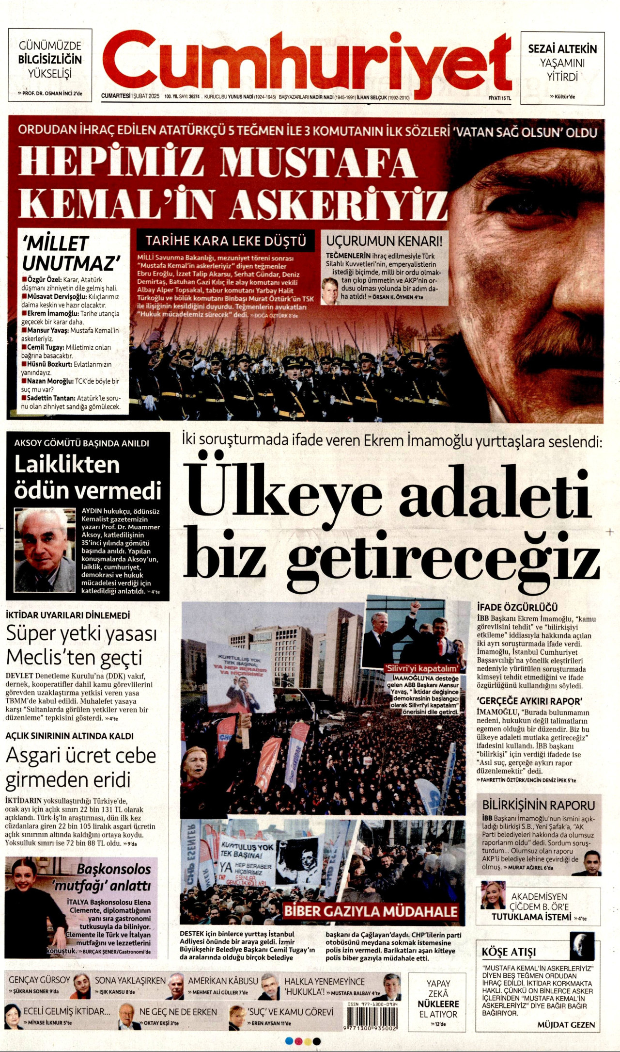 CUMHURİYET gazetesinin 1 Şubat 2025 tarihli birinci sayfası