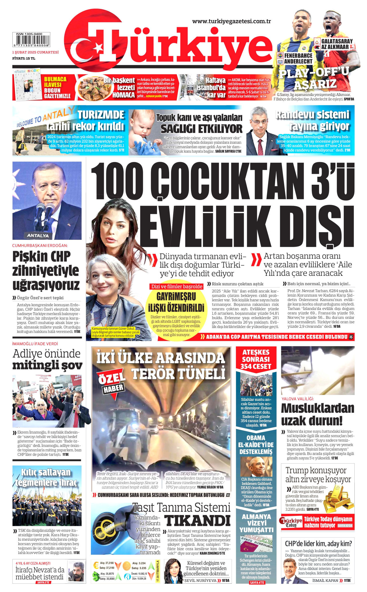 TÜRKİYE GAZETESİ gazetesinin 1 Şubat 2025 tarihli birinci sayfası