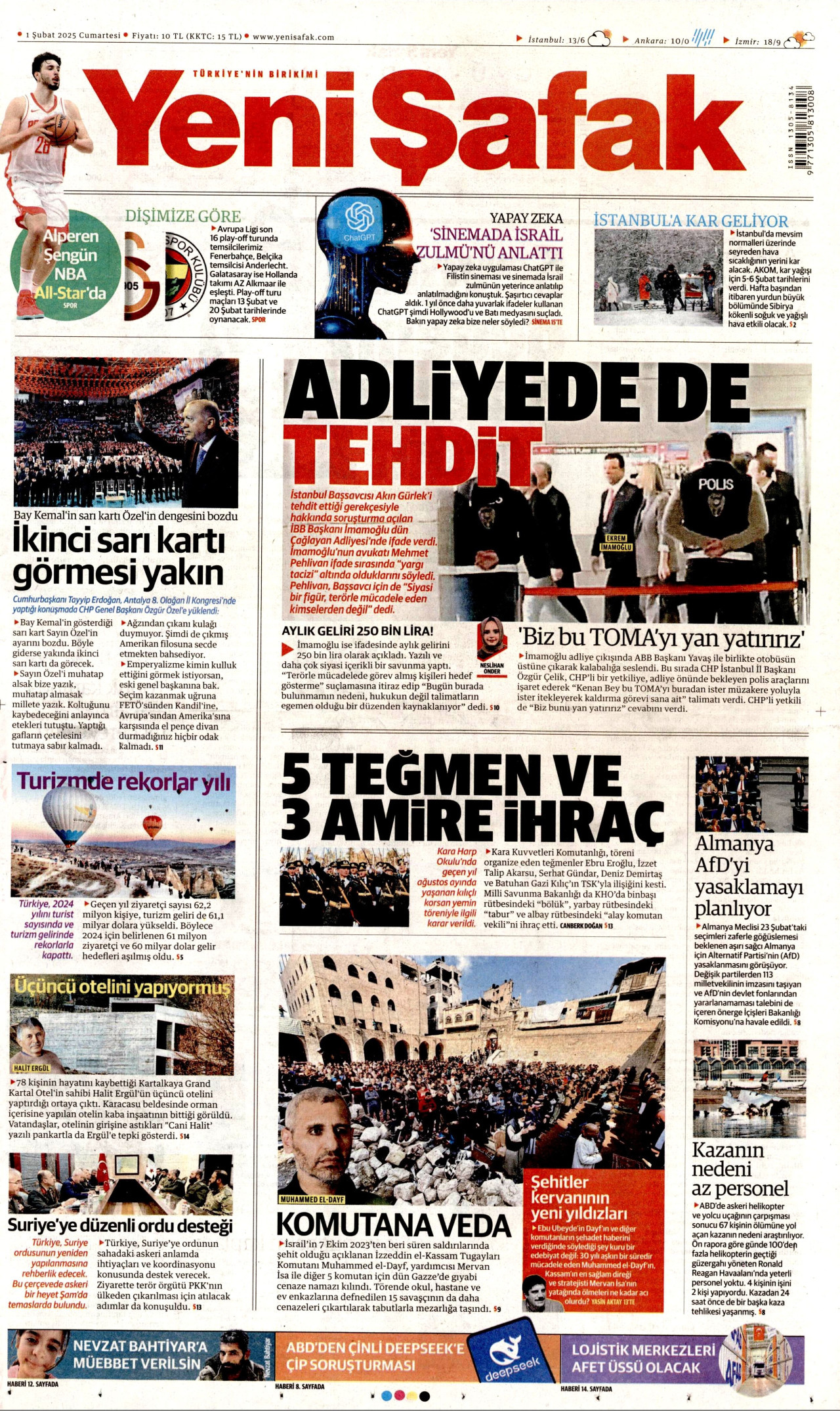 YENİ ŞAFAK gazetesinin 1 Şubat 2025 tarihli birinci sayfası