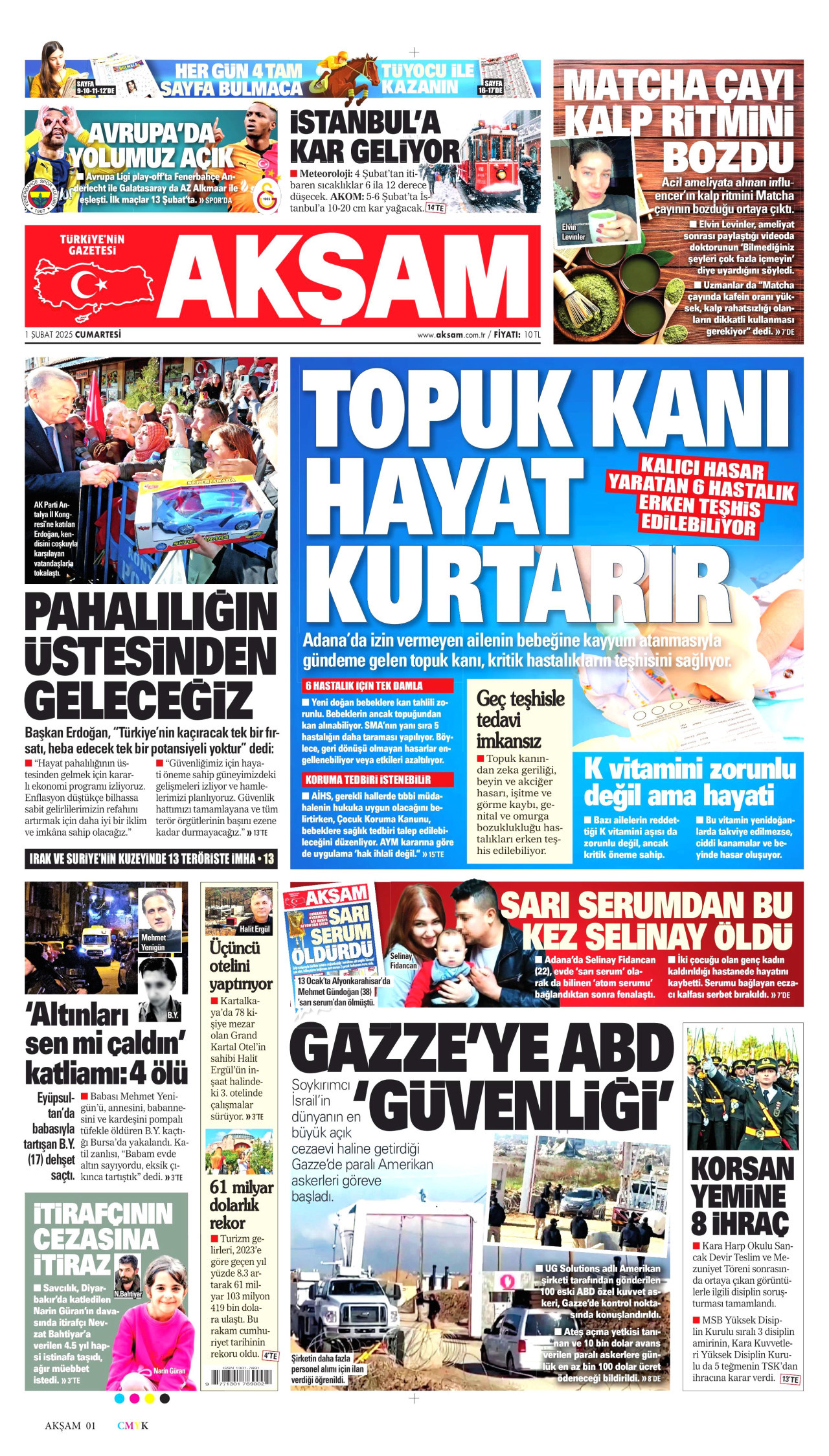 AKŞAM gazetesinin 1 Şubat 2025 tarihli birinci sayfası