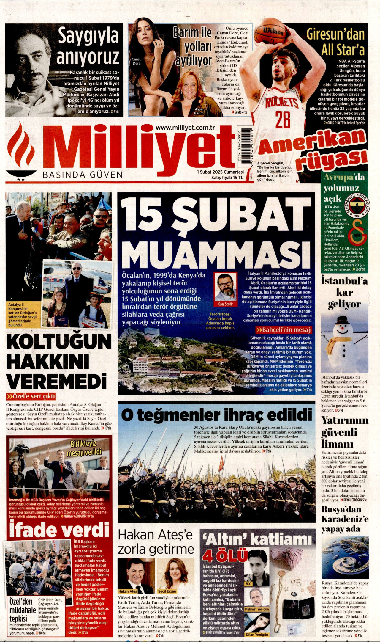 MİLLİYET gazetesinin 1 Şubat 2025 tarihli birinci sayfası