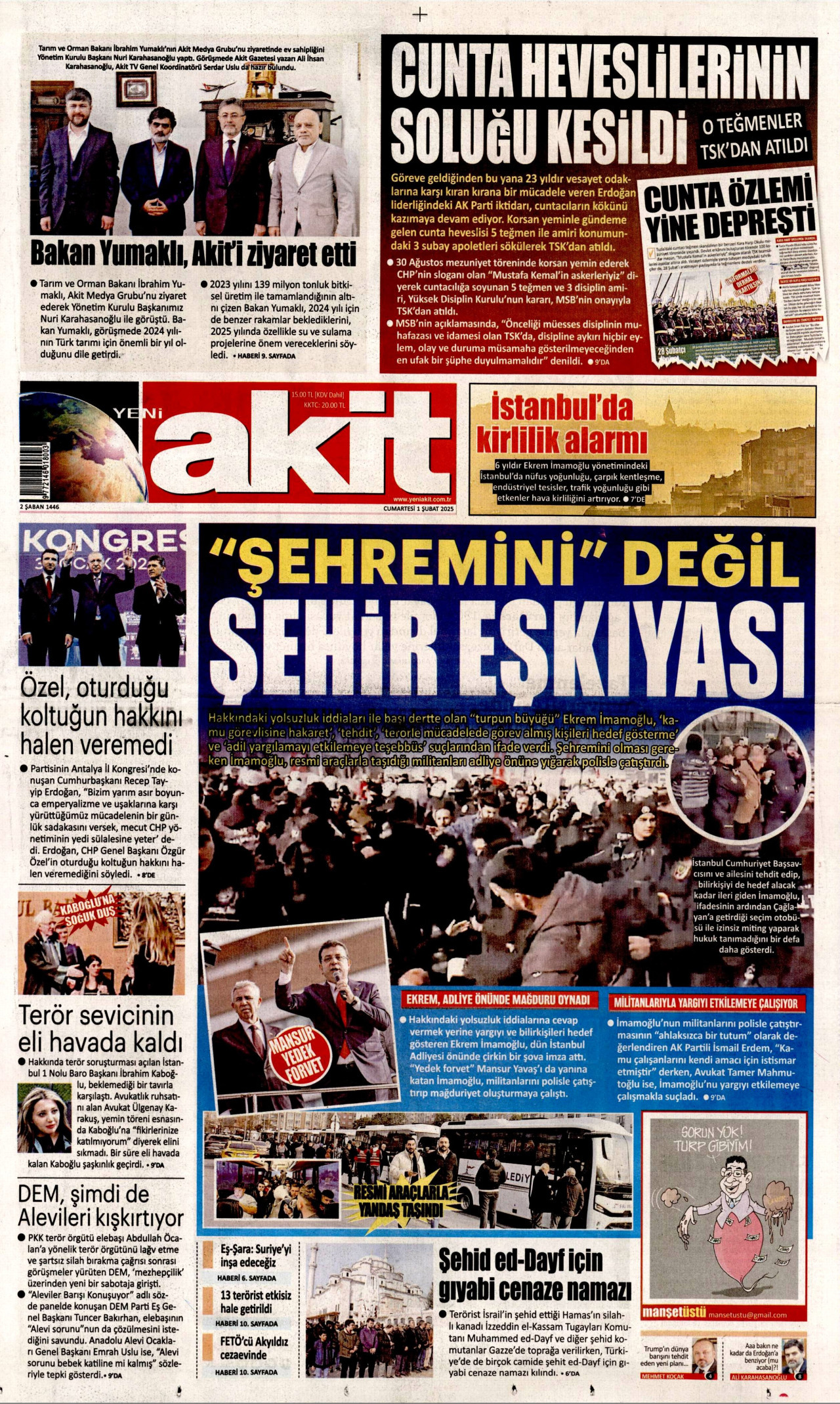 YENİ AKİT gazetesinin 1 Şubat 2025 tarihli birinci sayfası