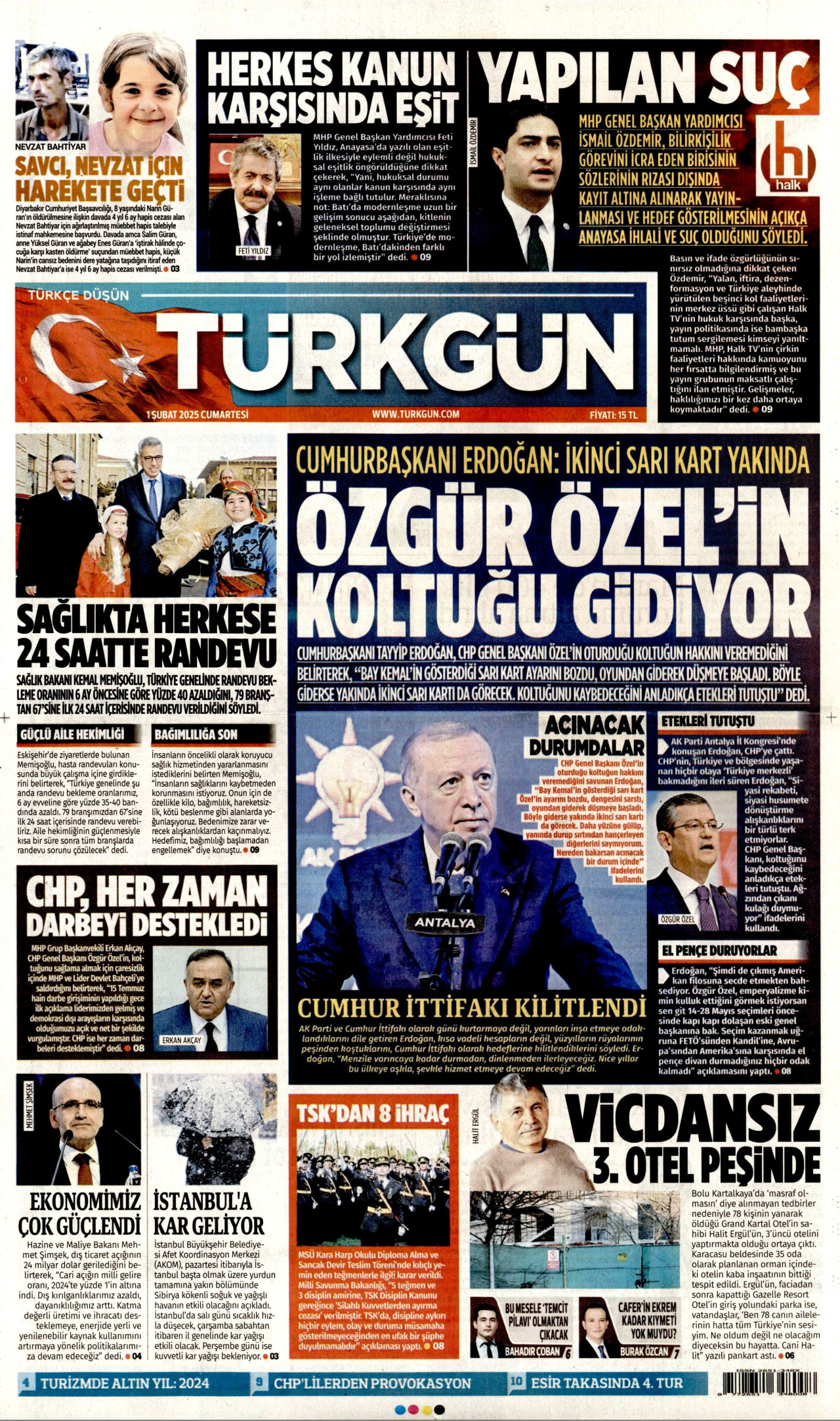 TÜRKGÜN gazetesinin 1 Şubat 2025 tarihli birinci sayfası