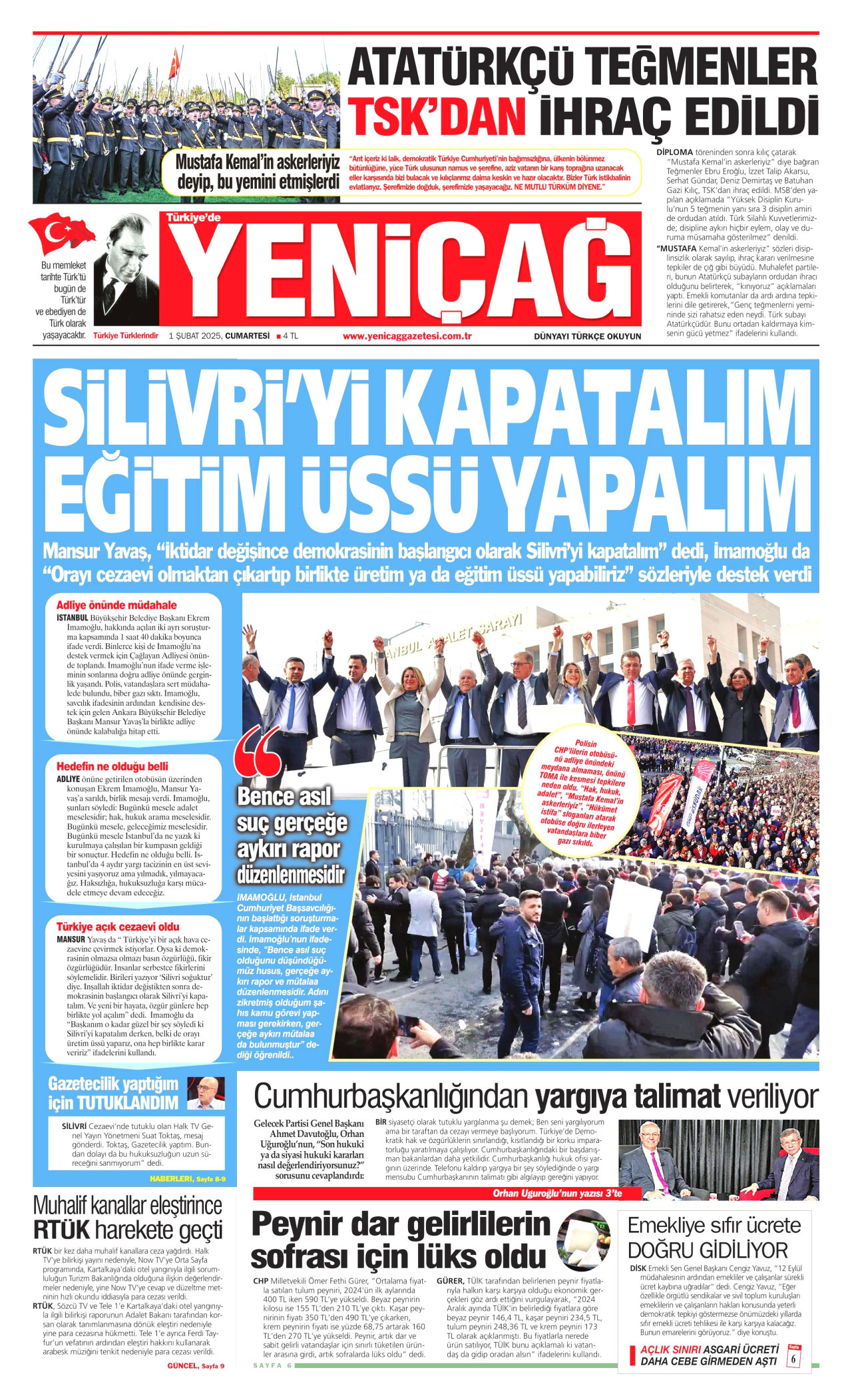 YENİÇAĞ gazetesinin 1 Şubat 2025 tarihli birinci sayfası