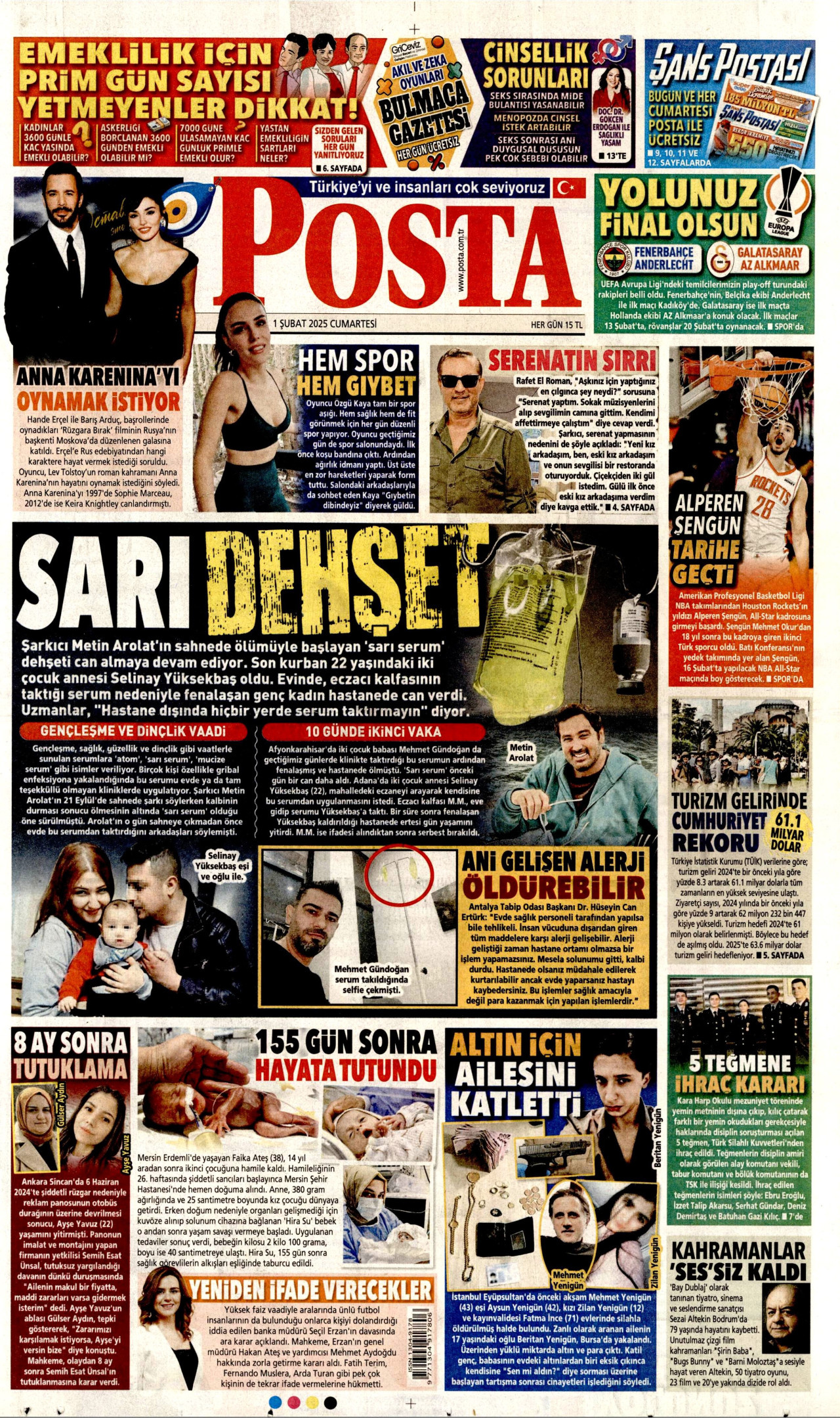 POSTA gazetesinin 1 Şubat 2025 tarihli birinci sayfası