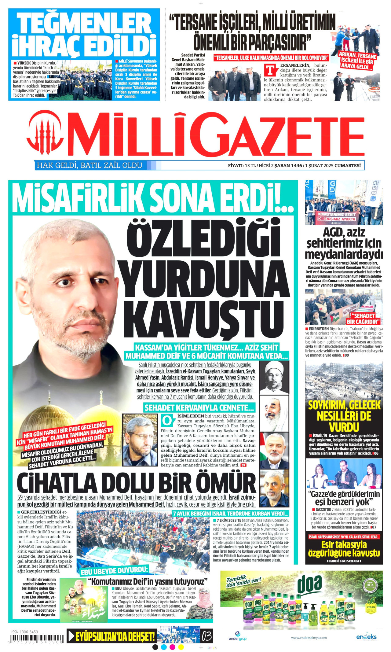 MİLLİ GAZETE gazetesinin 1 Şubat 2025 tarihli birinci sayfası