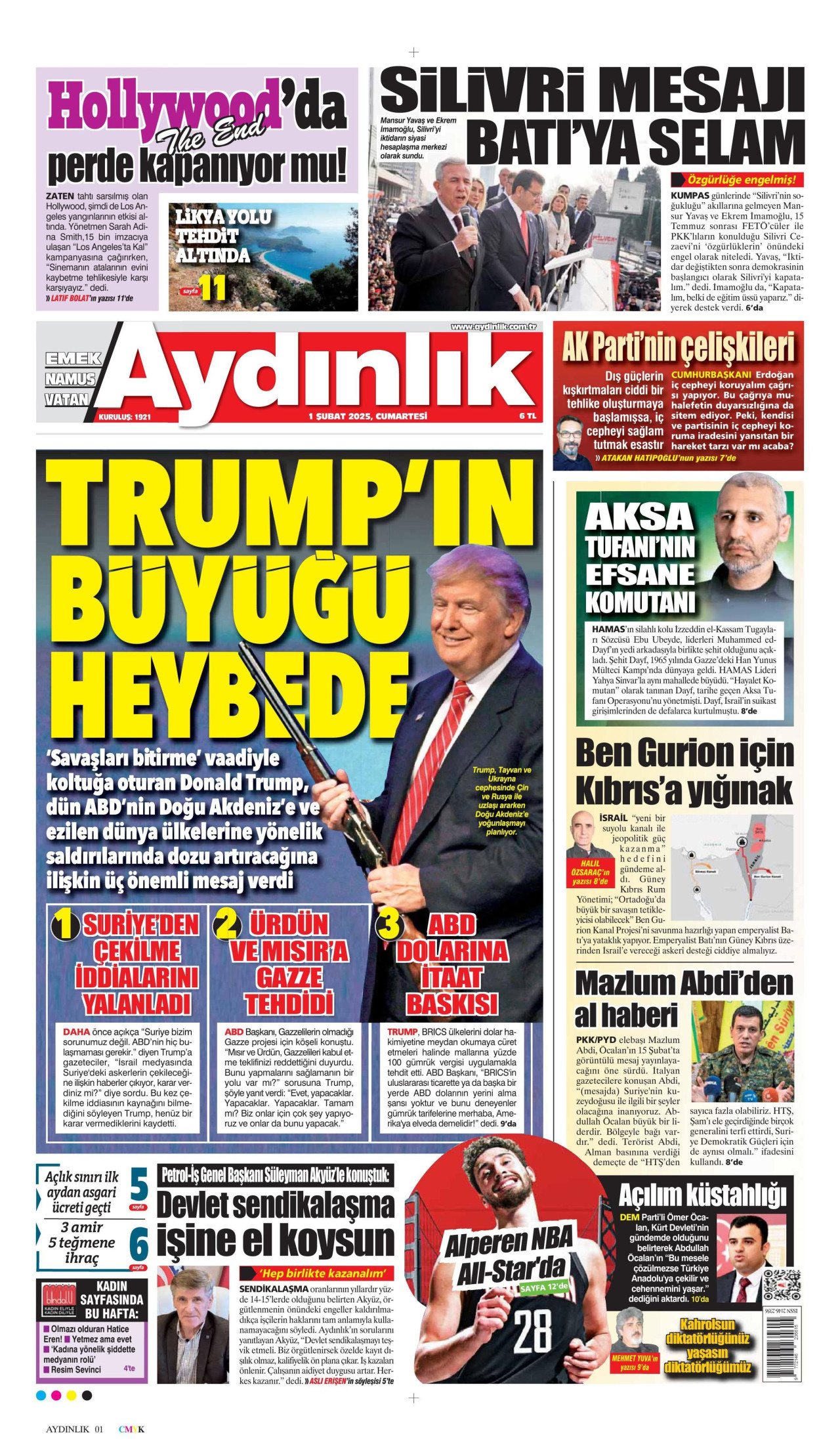 AYDINLIK GAZETESİ gazetesinin 1 Şubat 2025 tarihli birinci sayfası