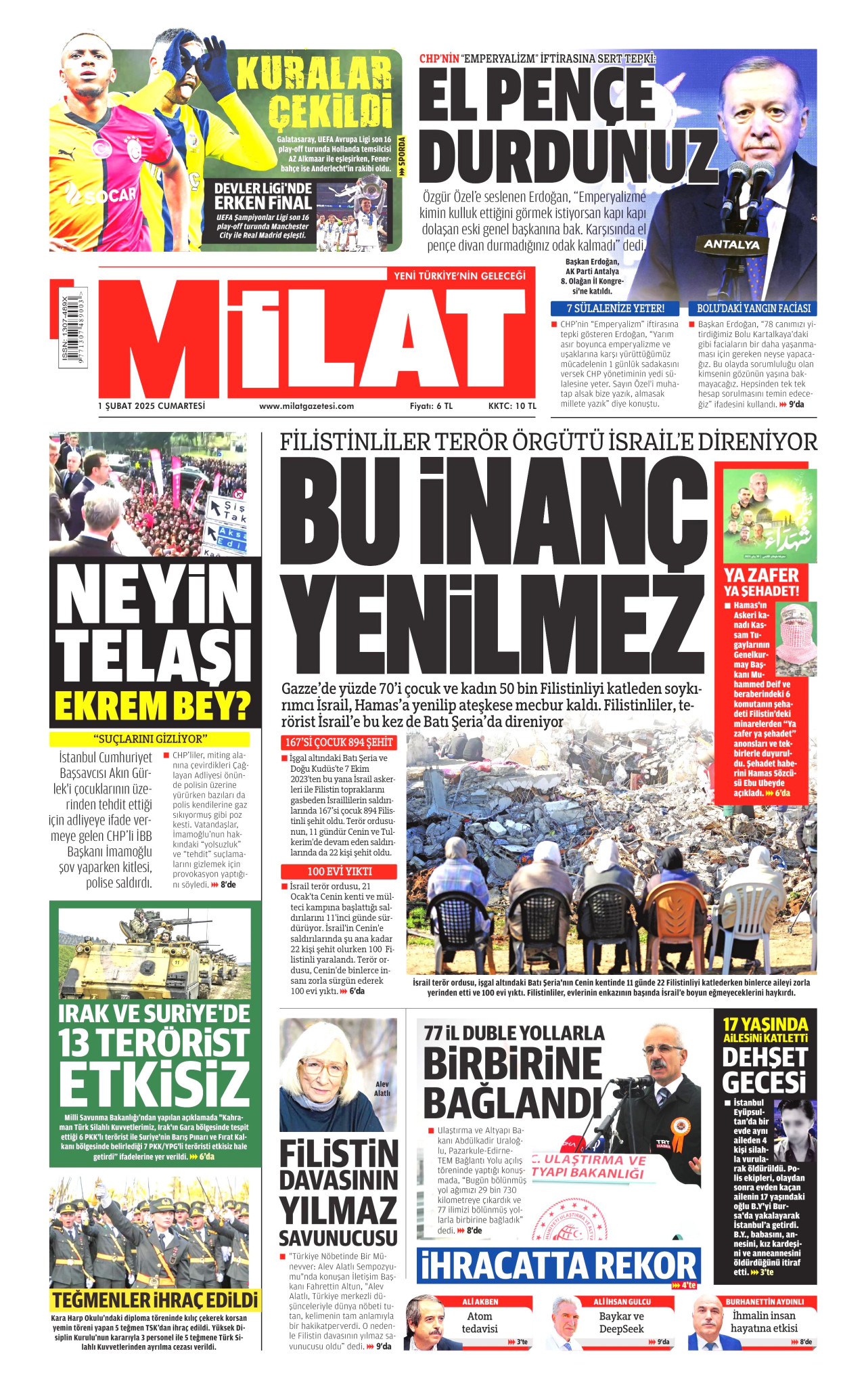 MİLAT gazetesinin 1 Şubat 2025 tarihli birinci sayfası