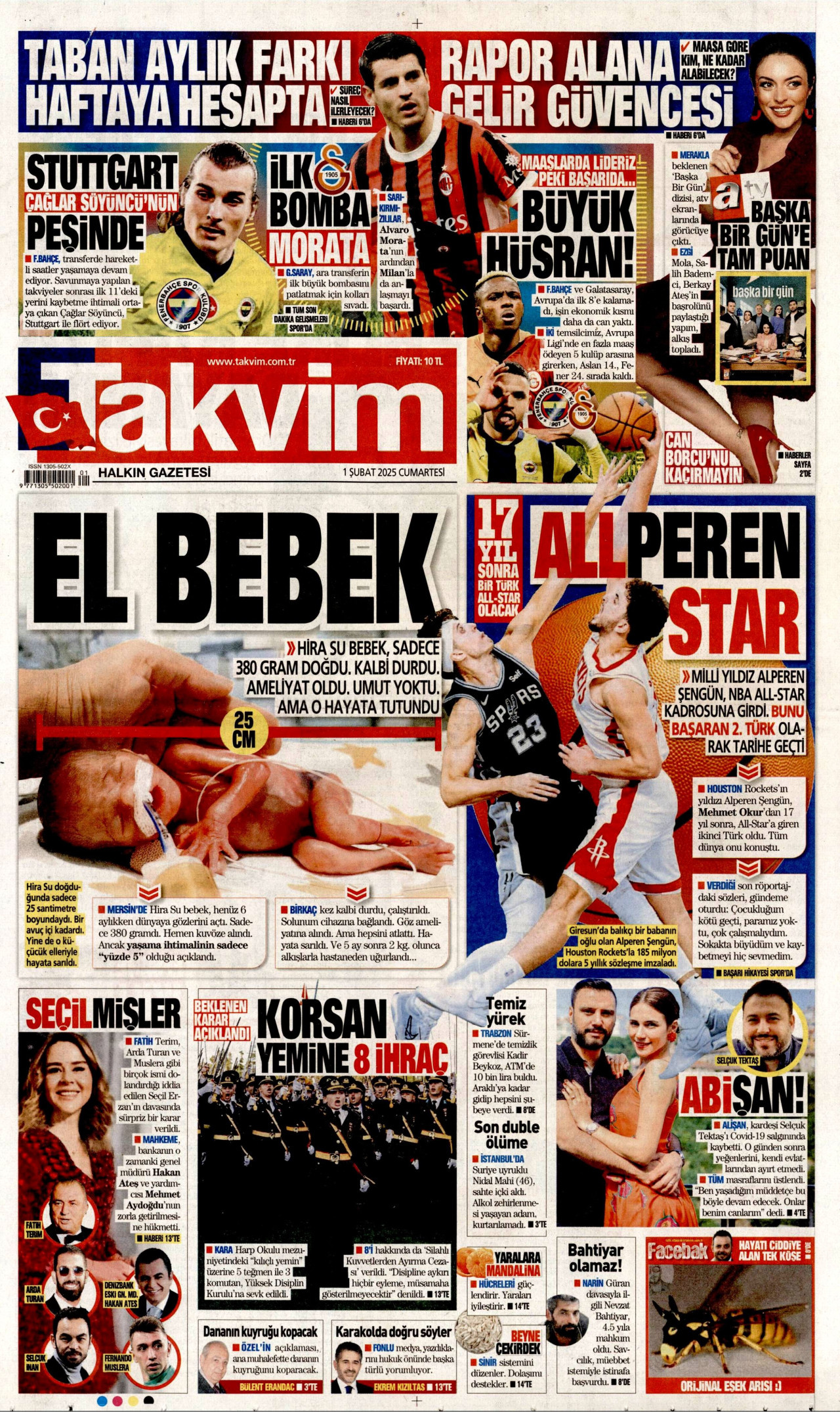 TAKVİM gazetesinin 1 Şubat 2025 tarihli birinci sayfası