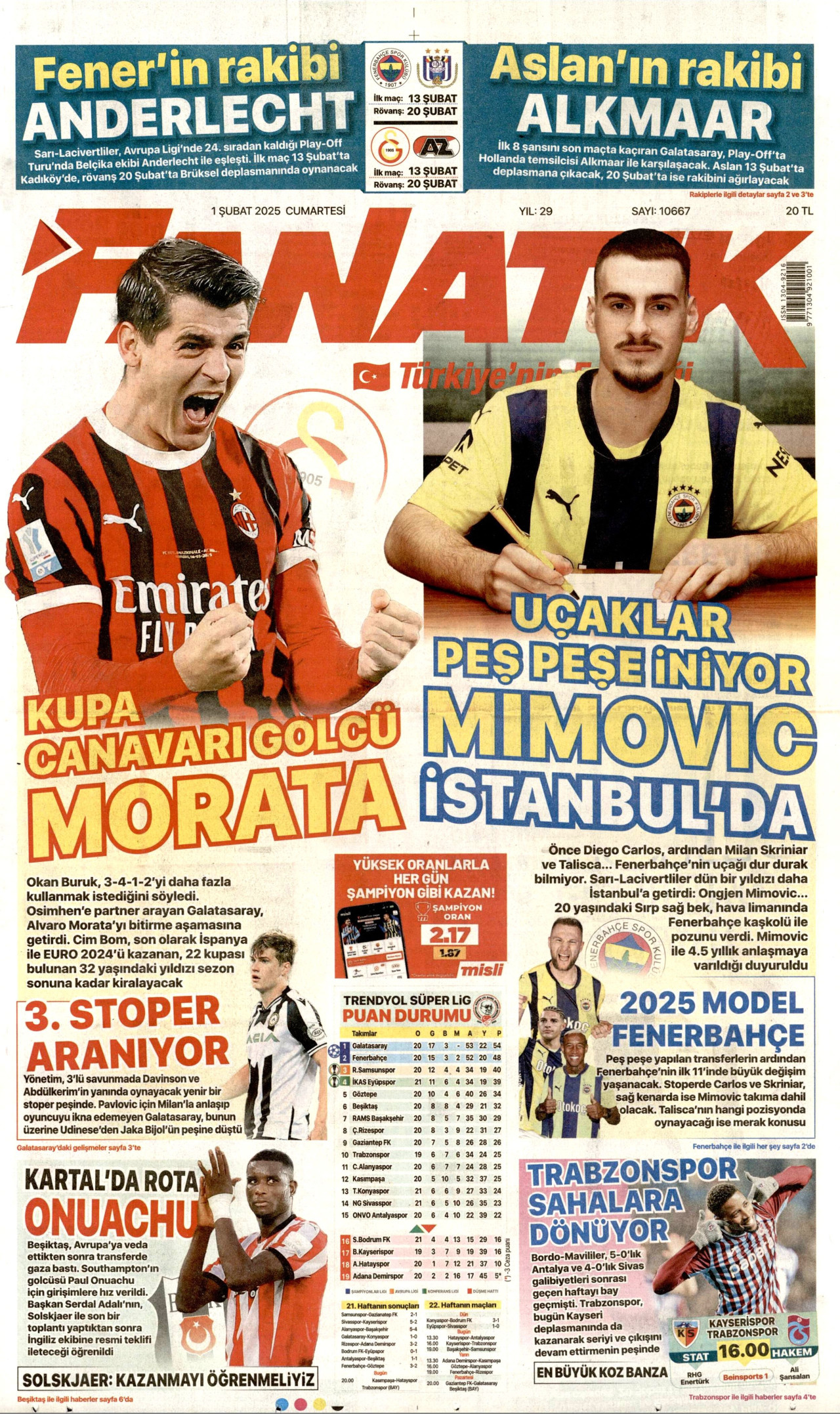 FANATİK gazetesinin 1 Şubat 2025 tarihli birinci sayfası