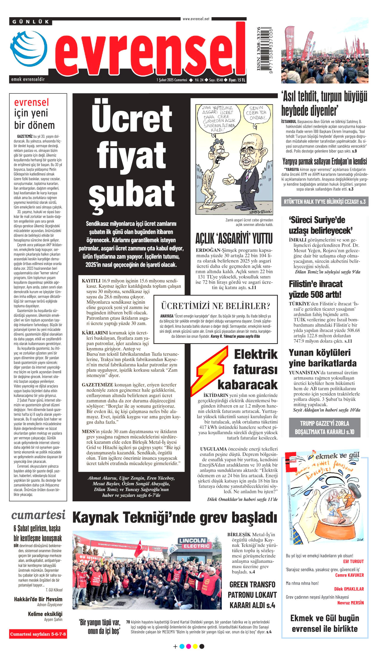 EVRENSEL gazetesinin 1 Şubat 2025 tarihli birinci sayfası
