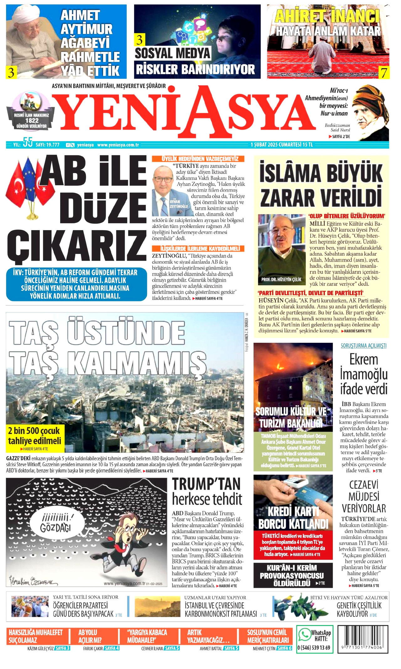 YENİ ASYA gazetesinin 1 Şubat 2025 tarihli birinci sayfası