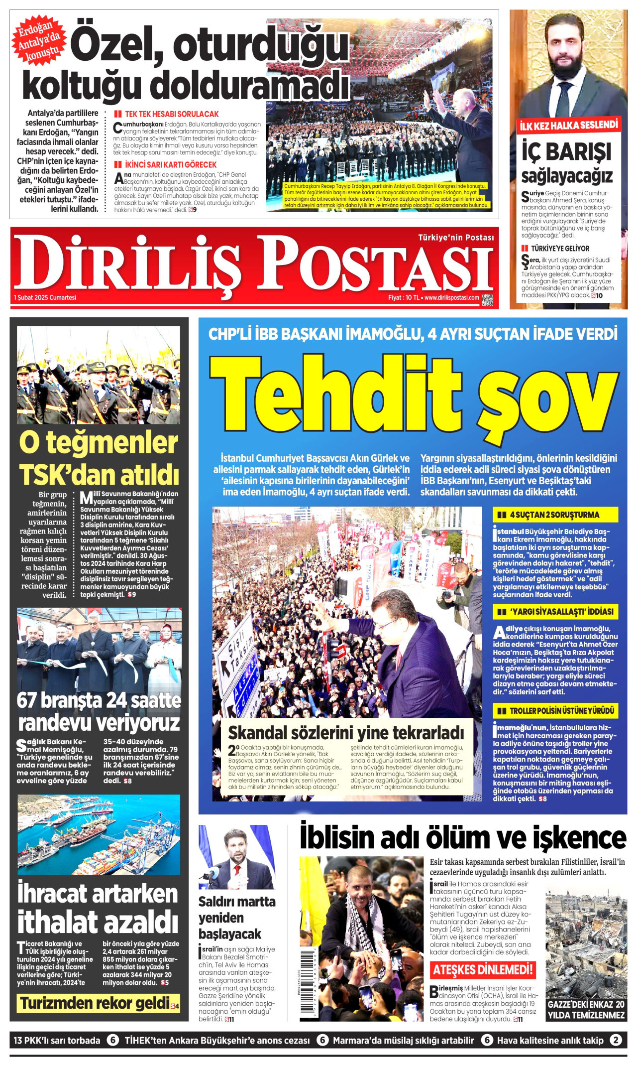 DİRİLİŞ POSTASI gazetesinin 1 Şubat 2025 tarihli birinci sayfası